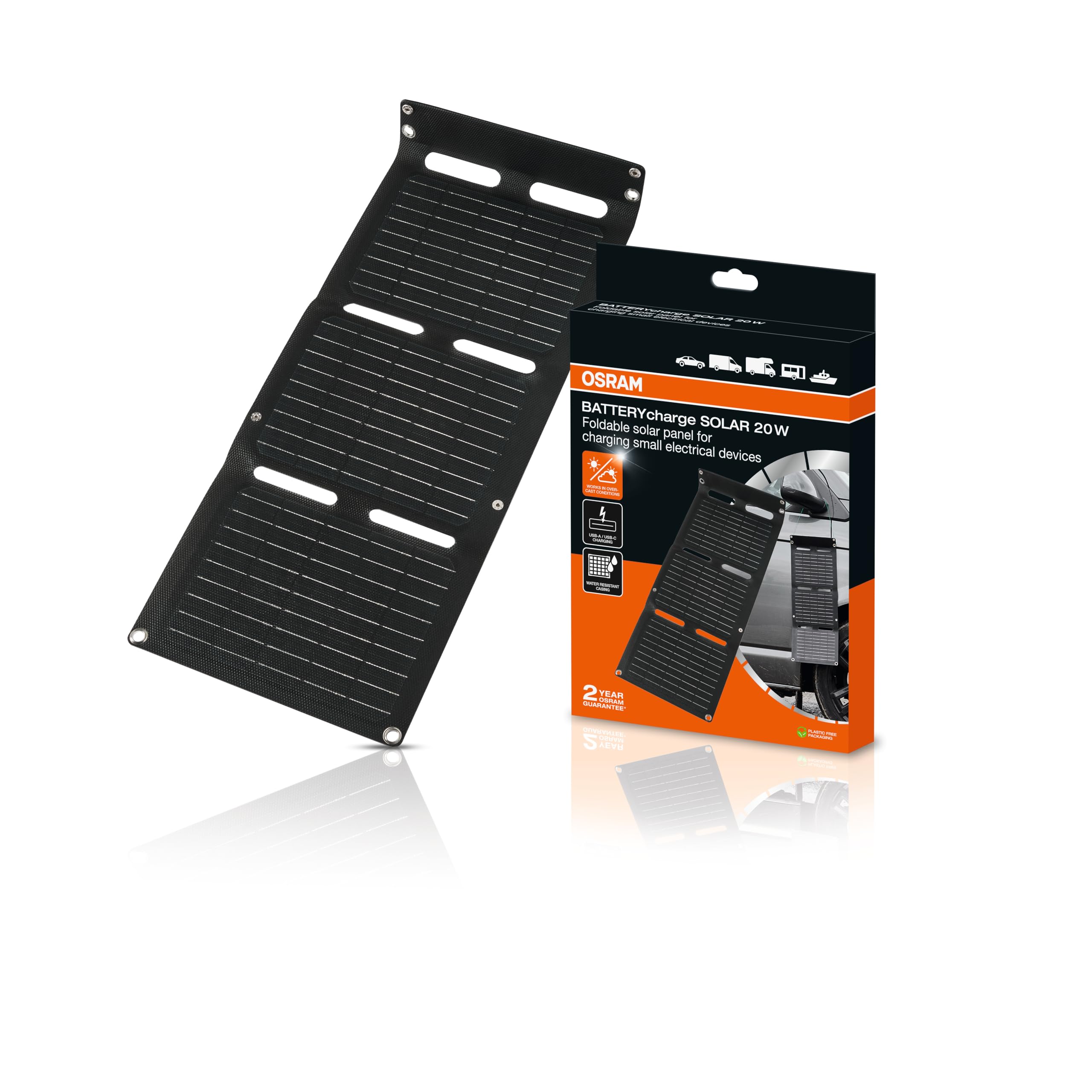 OSRAM BATTERYcharge SOLAR 20W incl. USB, solar battery maintainer, foldable solar panel for remote charging of devices, integrated stand