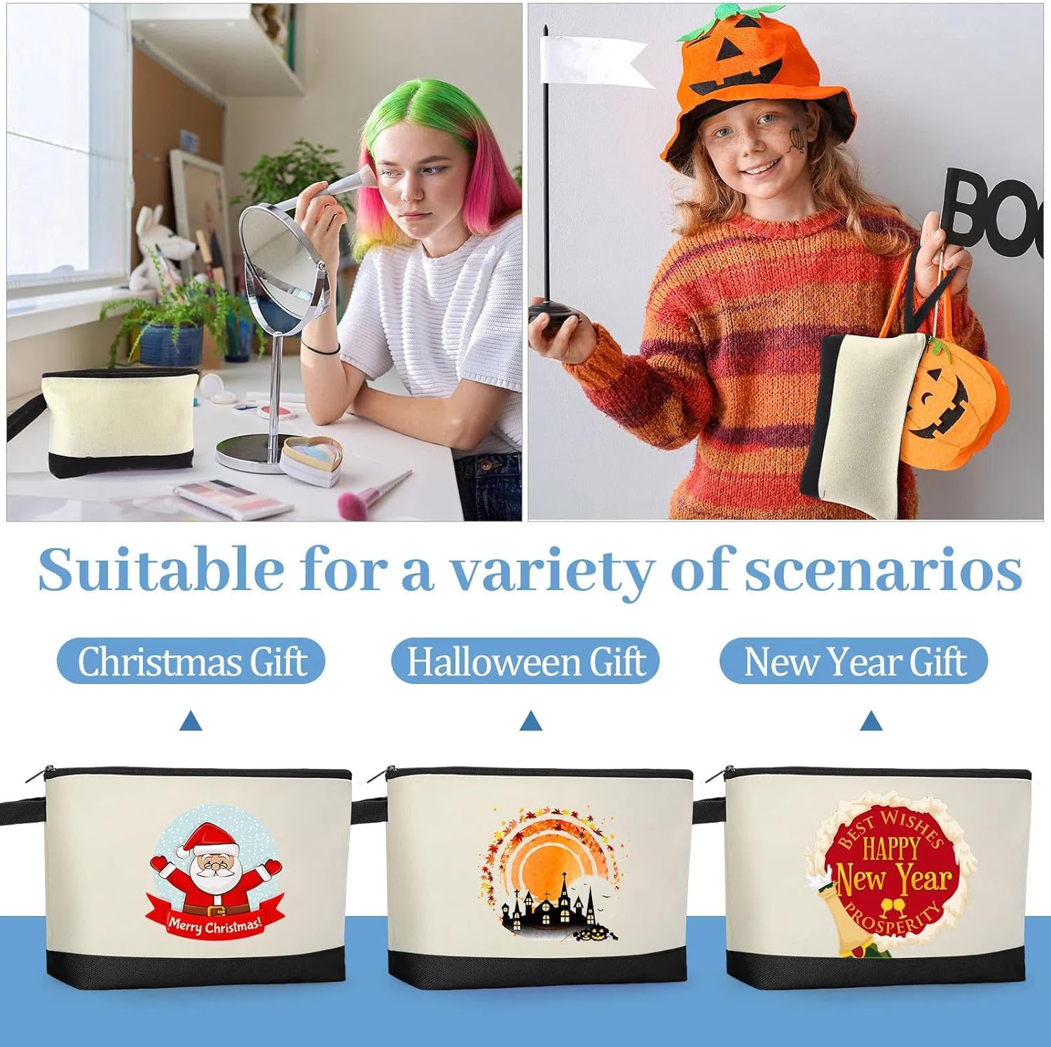 Silkfly 30 Pcs Cotton Canvas Makeup Bags Canvas Cosmetic Zipper 10.2 x 5.5 x 2 Inches Blank DIY Pouch Bag Bulk with Bottom Pencil Case Travel Toiletry Pouch for Women (Black,Beige) - Image 7