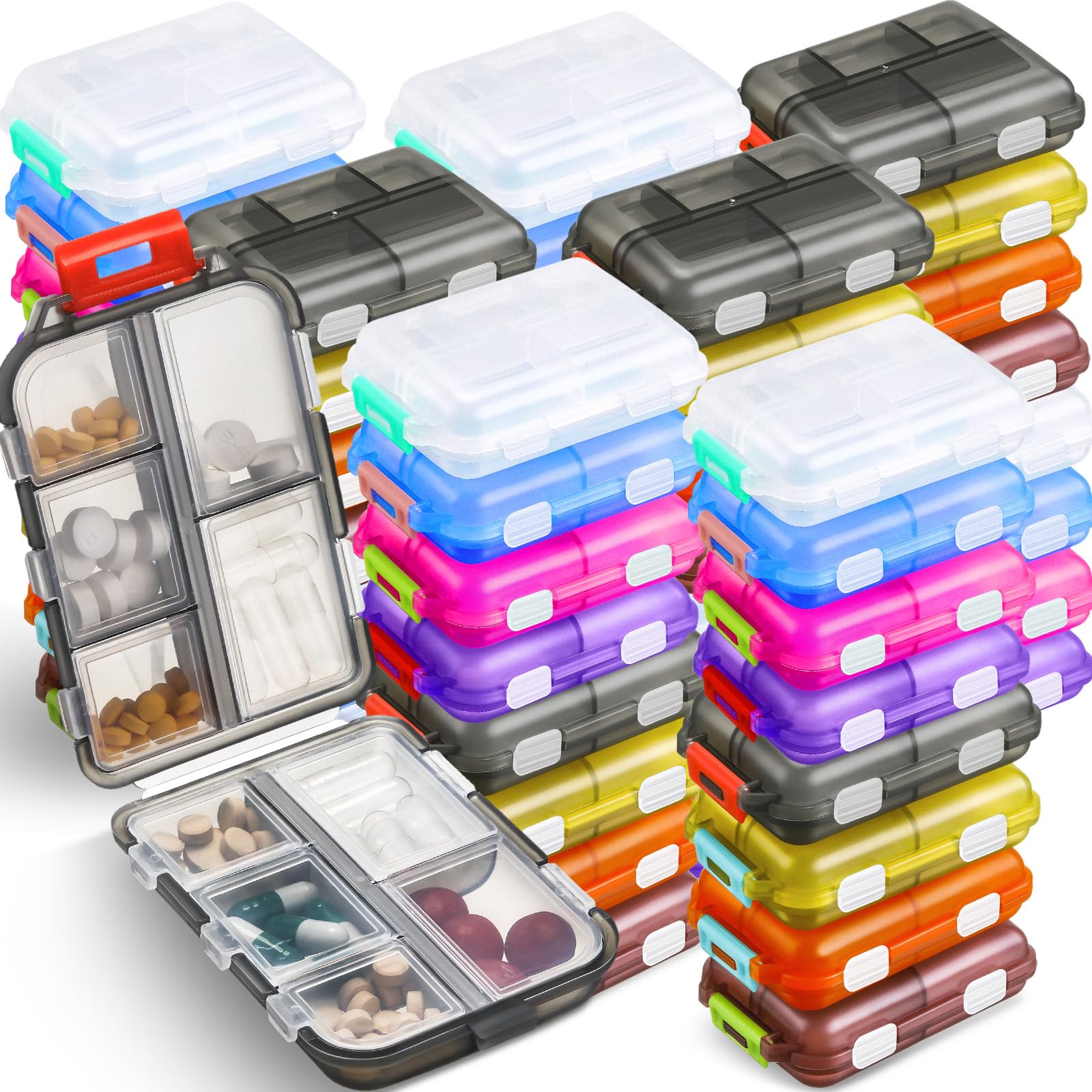Mumufy 56 Pcs Travel Pill Organizer Bulk 10 Compartments Pocket Portable Pill Case Daily Box Dispenser for Vitamin