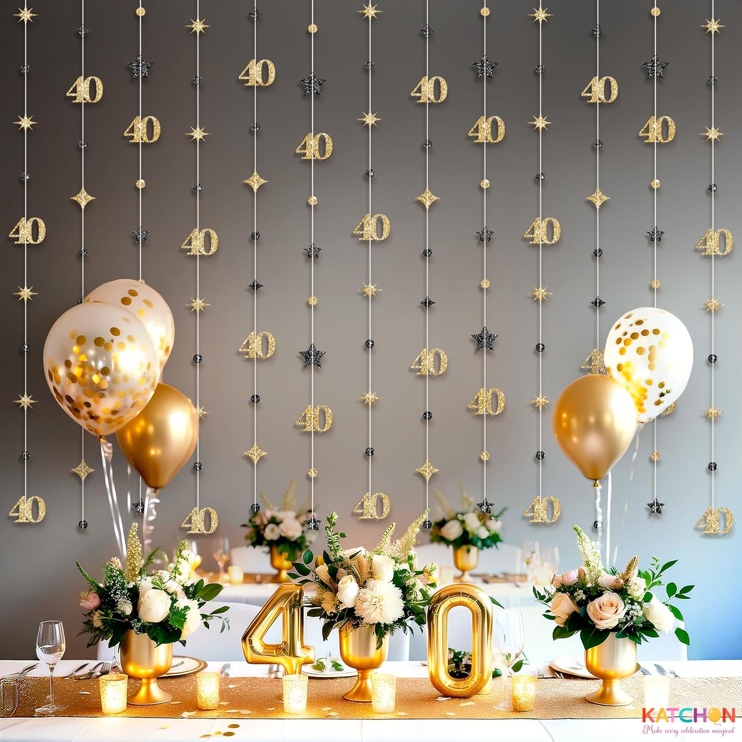 KatchOn, Gold 40th Birthday Decorations - 9 String 40th Bday Garland, 6 Feet | No DIY 40 Party Hanging Streamer | Over The Hill 40th Birthday Decorations for Men, Women | 40th Anniversary Decorations - Image 7