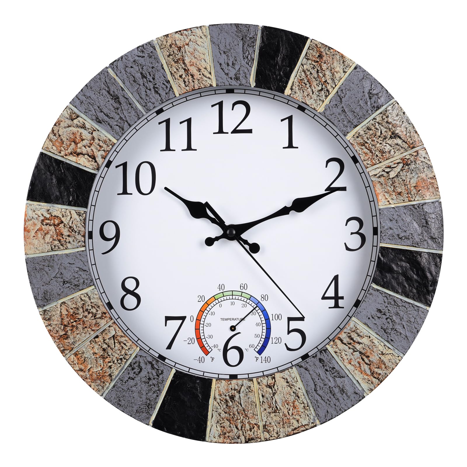 Horloge murale d'extérieur étanche avec thermomètre - 33 cm - Silencieuse et rustique - En résine résistante aux intempéries - Pour terrasse, piscine, jardin, porche, fausse pierre marron