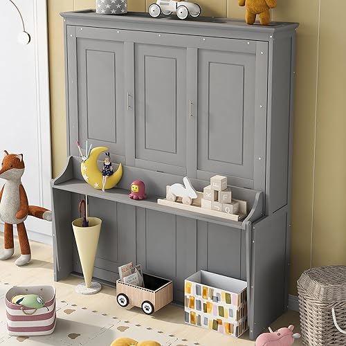 Queen Size Murphy Bed Wall Bed with a Storage Shelf, Space-Saving Wall Bed for Multipurpose Guest Room or Home Office - Gray
