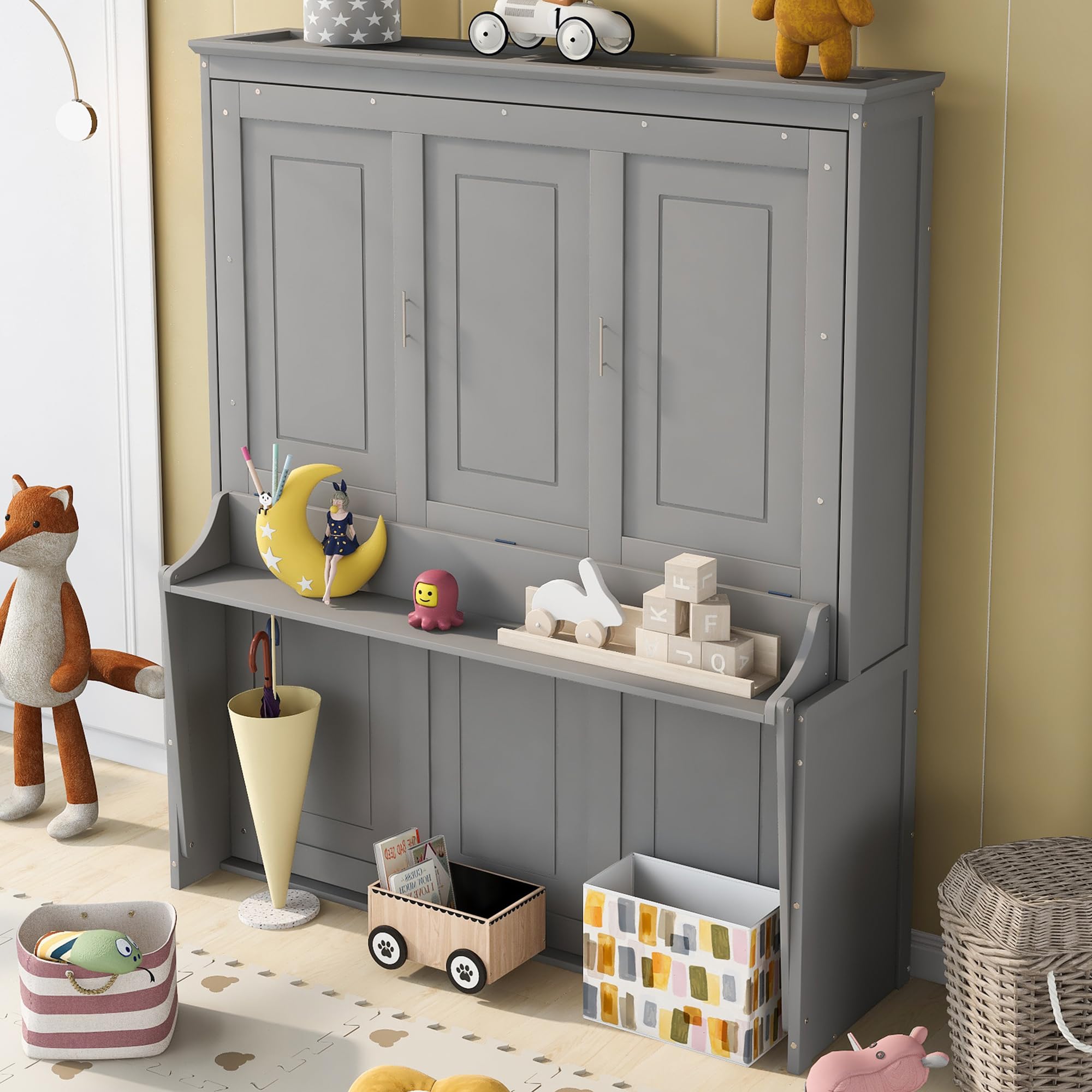 Queen Size Murphy Bed Cabinet with Storage Shelf, Solid Wood Wall Bed for Multipurpose Guest Room or Home Office - Gray