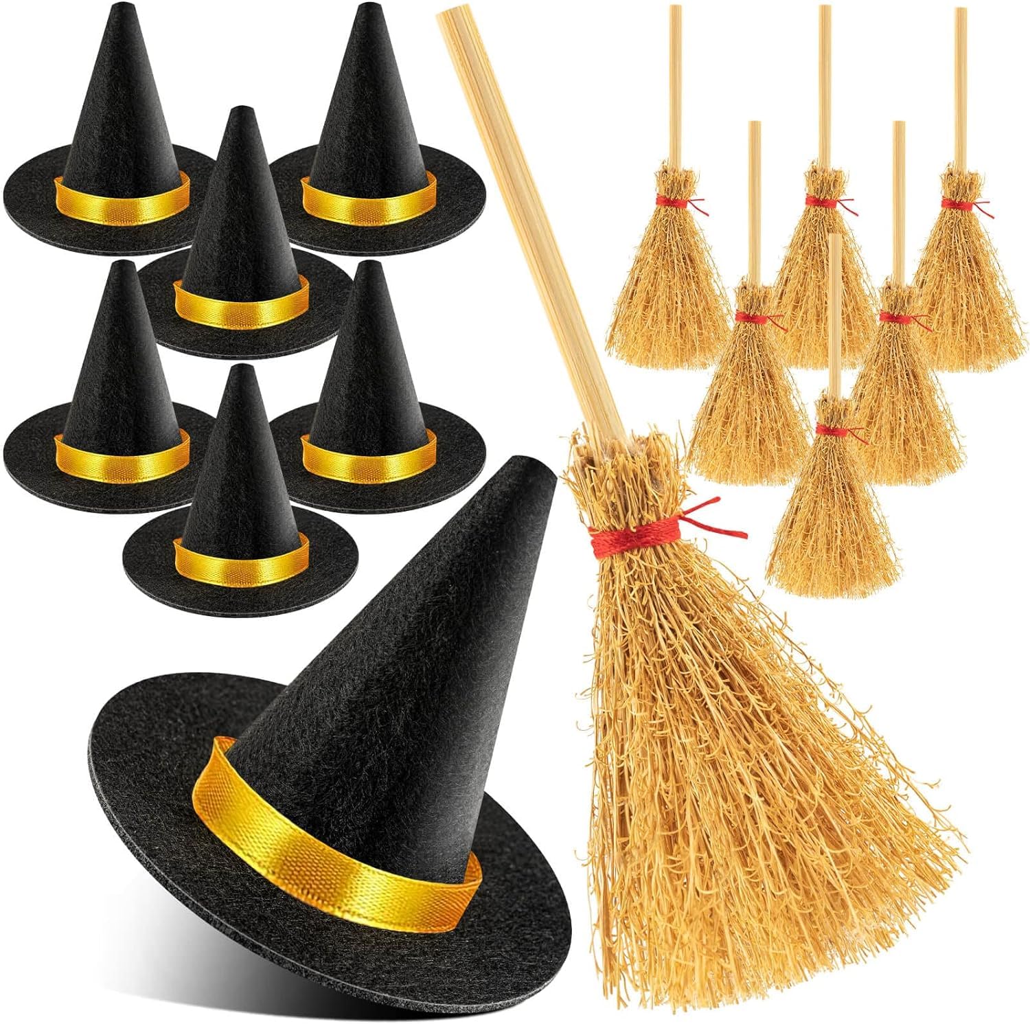 14Pcs Mini Witch Hat Set, 7 Felt Hats with 7 Brooms, Halloween Crafts