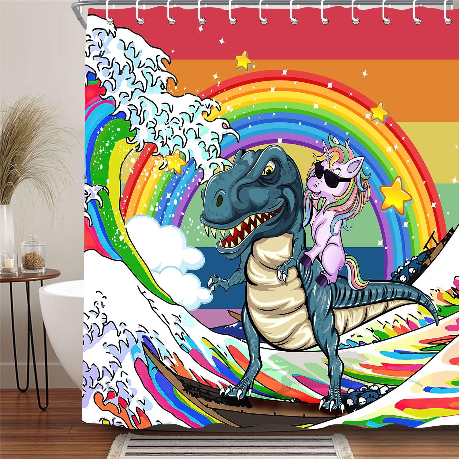 Funny Unicorn Riding Dinosaur Shower Curtain for Kids , Homosexuality LGBT Bathroom Curtain, Rainbow Pride Japanese Asian Anime Ocean Wave Fabric Restroom Decor Accessories with Hooks 70X85 Inch
