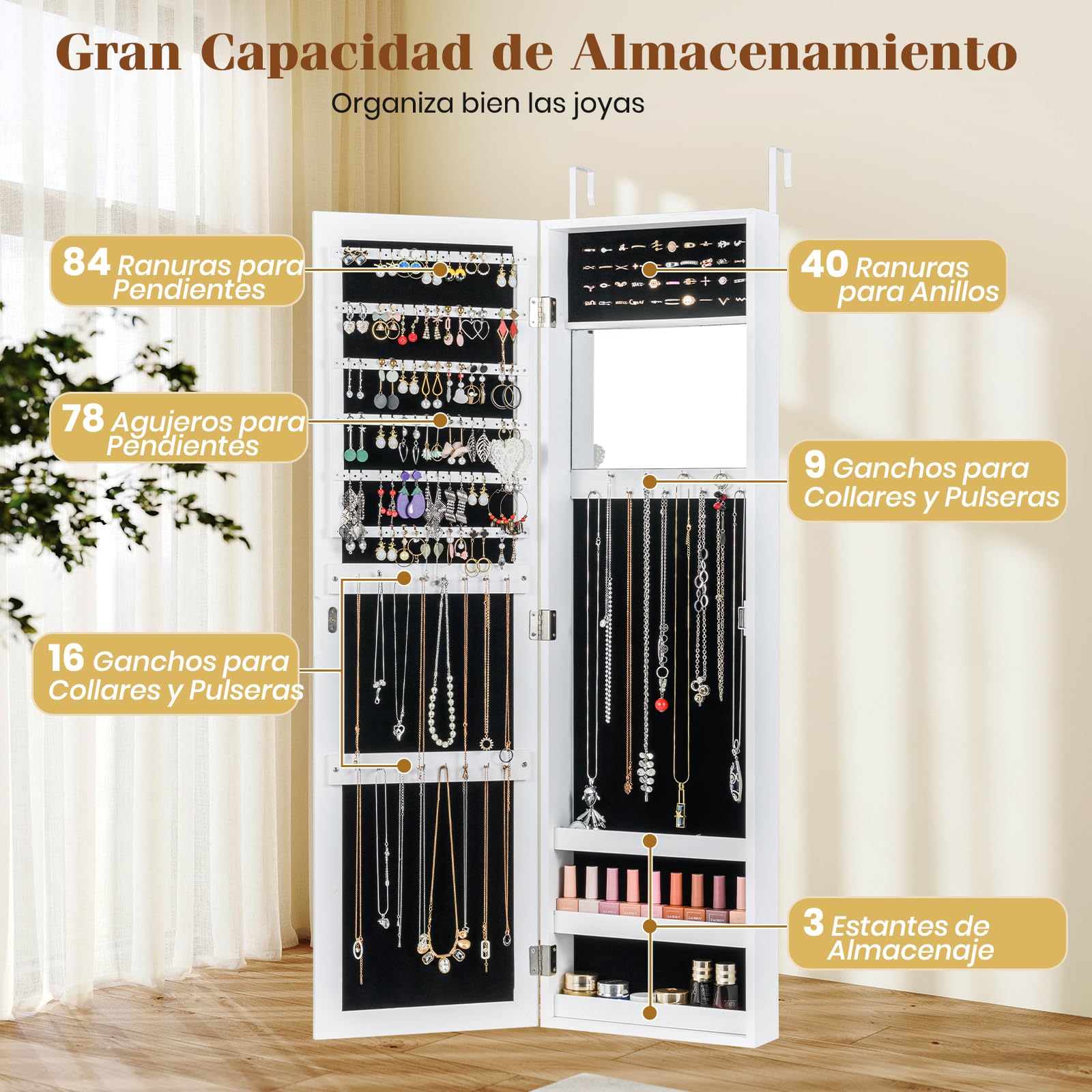 COSTWAY Armario Joyas Espejo Puerta Organizador Cuerpo Entero Maquillaje Incorporado Ganchos 3 Estantes Almacenamiento Blanco