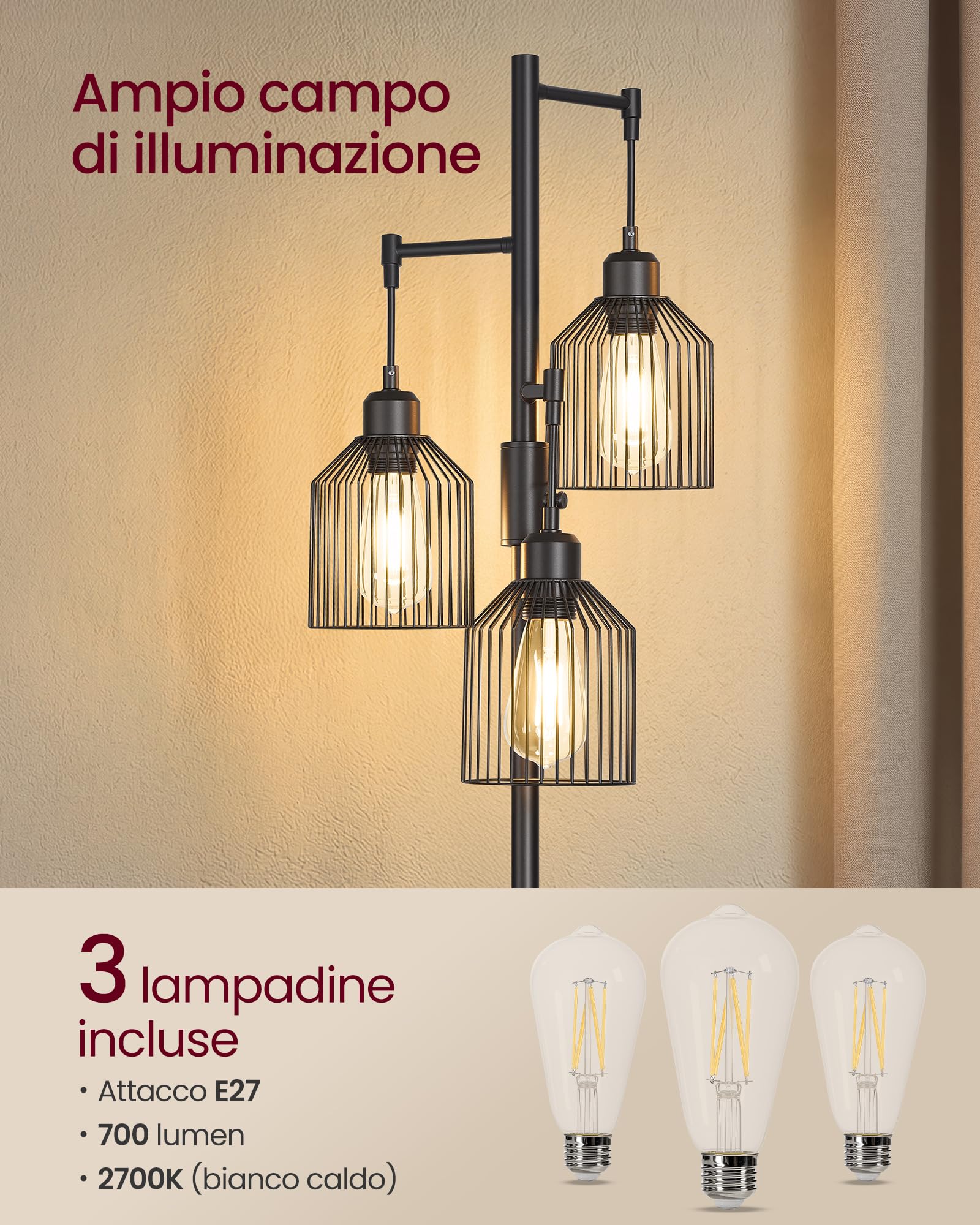 VASAGLE Lampada da Terra, Piantana con 3 Lampadine, Luminosità Regolabile, Paralume in Metallo, 3 Attacchi E27, Nero Inchiostro LFL013BD02