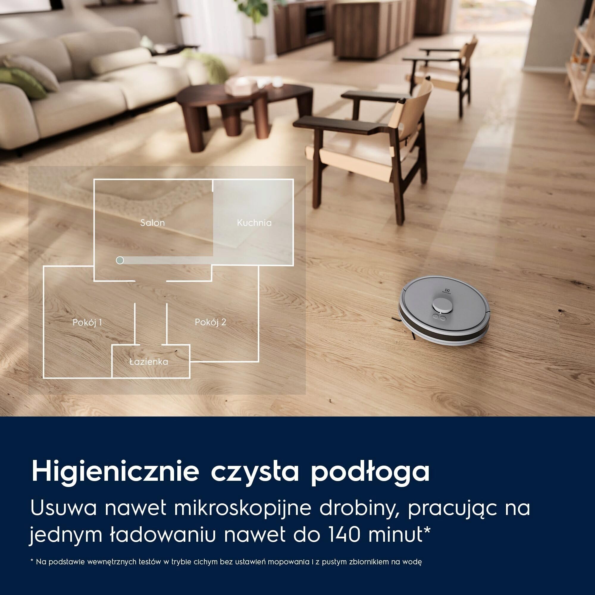 Electrolux Robot Sprzątający Hygienic 700 ER71HW1UG, Mapowanie podłóg LiDAR, Mocne ssanie 4000 Pa, Kompatybilny z WiFi 2,4 GHz na iOS i Androidzie, 175 minut, 0,28L, 140 m², Miejski Szary