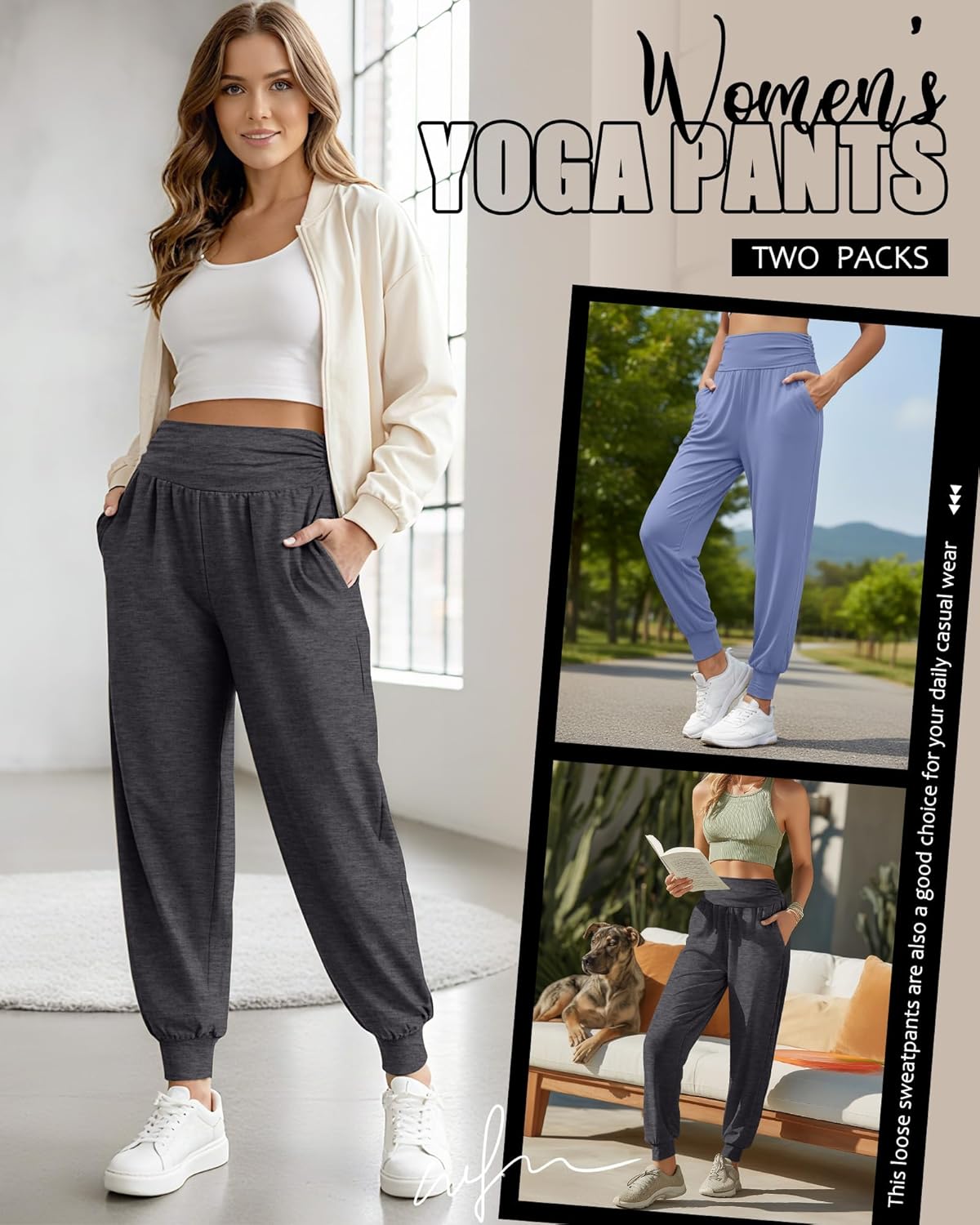 2 Pack Women's Yoga Joggers, Cozy Sweatpants with Pockets Casual Loose Comfy High Waisted Lounge Pants - Image 6