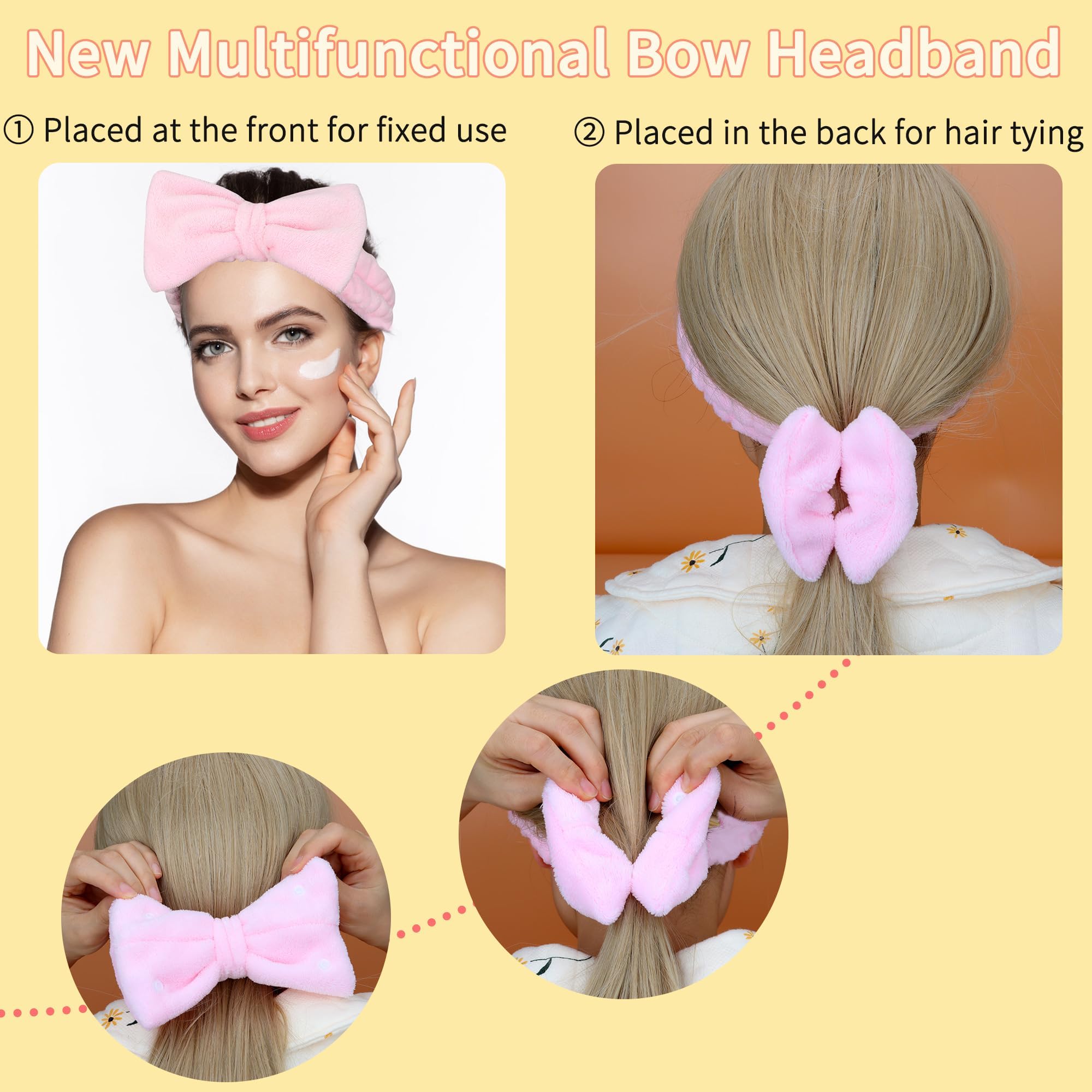 4PCS Spa Headband Hairband & Wristband Set Bow-tie Hairband with Buckled Hair Band Wrist Washband Terry Towel Cloth Headband for Washing Face Makeup Removal Skincare Pink - Image 3