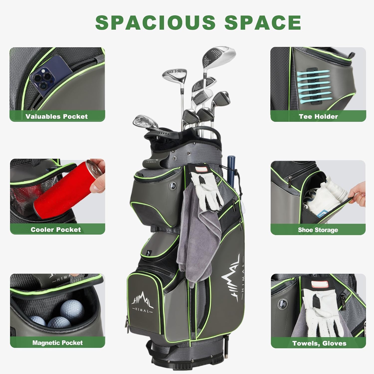 uniHimal 14-Way Golf Cart Bag with Full Length Divider, Premium PU Leather Golf Bag for Men Women with Plush Top and Magnetic Pocket, Lightweight Golf Club Bag Includes Rain Cover and Cooler Pocket
