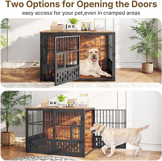 Rovibek 48 Inch Dog Crate Furniture, Wooden Dog Cage Furniture with Window and Adjustable Dogs Bowls 360 Rotatable, Heavy Duty XL Kennel Indoor as End Table, Brown