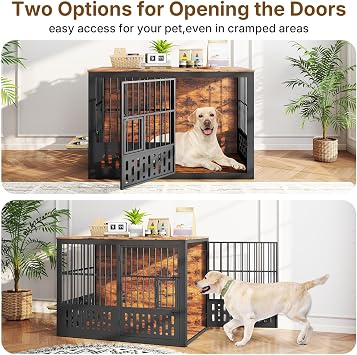 Rovibek 48 Inch Dog Crate Furniture, Wooden Dog Cage Furniture with Window and Adjustable Dogs Bowls 360 Rotatable, Heavy Duty XL Kennel Indoor as End Table, Brown