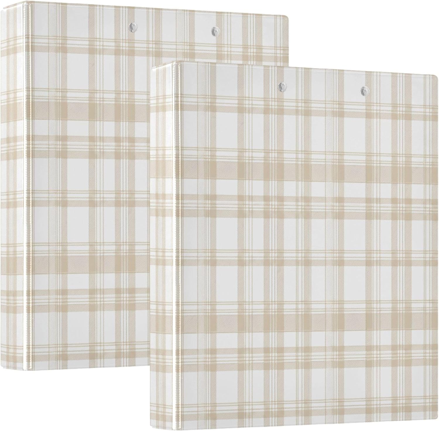 Beige Buffalo Plaid 3 Ring Binders, 1.5” Round Ring Binders with Clipboard - Letter Size, 3 Interior PVC Clear Pockets & Anti-Slip Clip for Office School Supplies, 2PCS