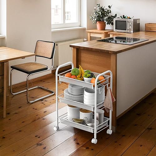 Miniatura 6 de only fire Carrito rodante de alambre de malla de 3 niveles, multifuncional, carrito de almacenamiento de cocina, organizador de baño con ruedas,