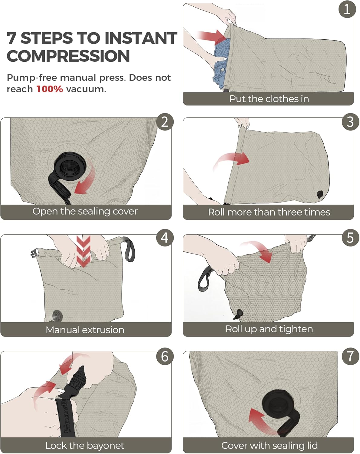 Travel Laundry Bag, Pump Free Vacuum Storage Bag Reusable Compression Dirty Clothes Travel Bag Waterproof Wet Dry Bags Large Capacity Space Saver Bags Camp Clothes Organizer (1 Pcs)(Gray, L)