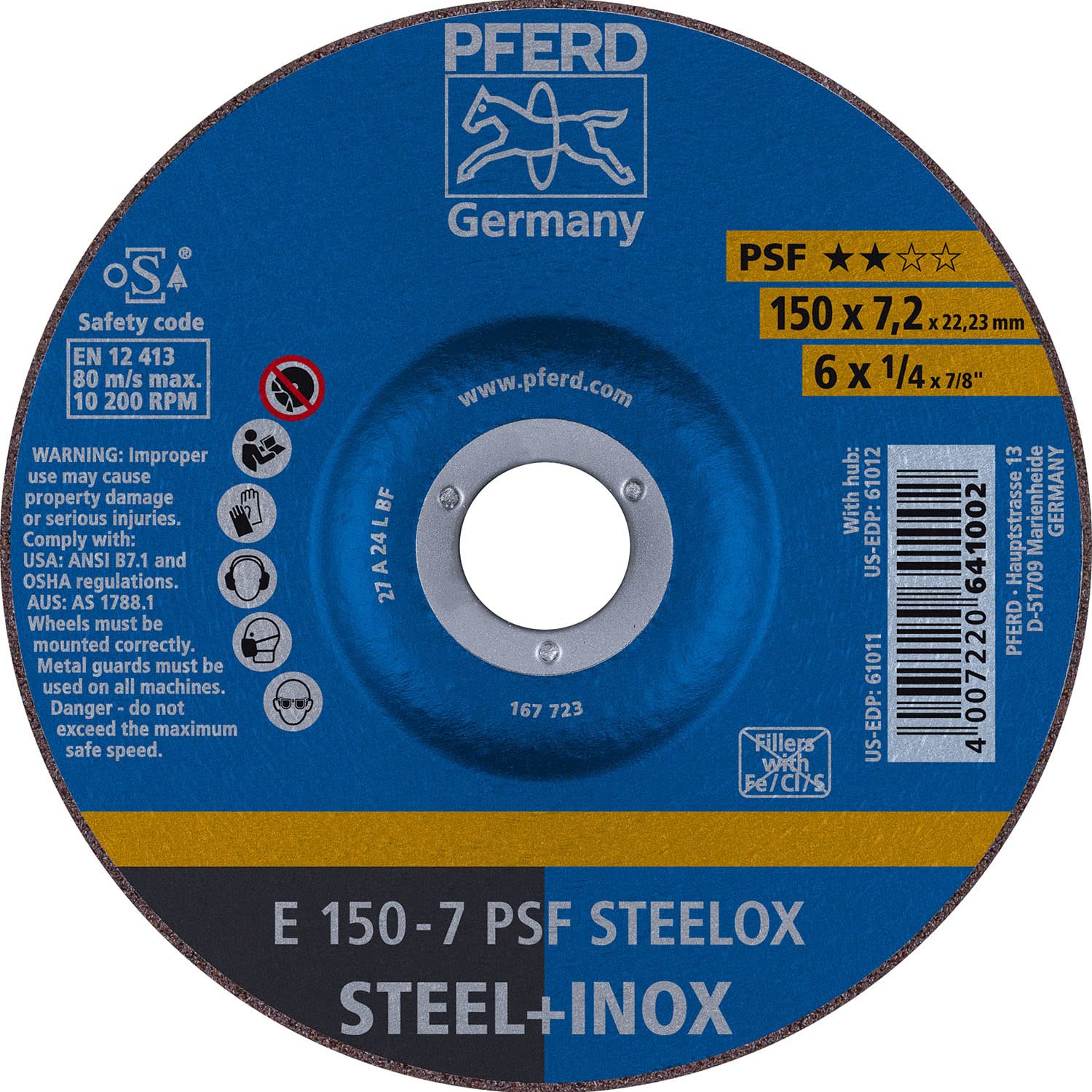 PFERD 6'' X 1/4'' Grinding Wheel 7/8'' AH (61011) (10/Each)
