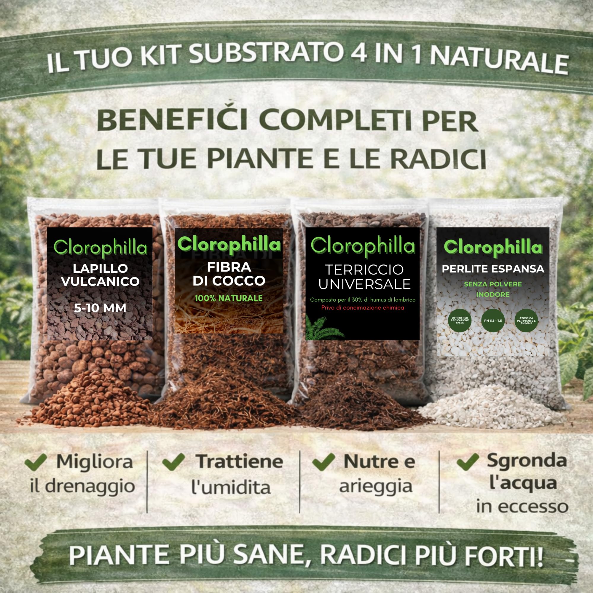 Clorophilla Kit Substrati per Piante – 4 Sacchi da 10L (Fibra di Cocco + Lapillo Vulcanico + Perlite Espansa + Terriccio Universale) – Drenaggio, Aerazione e Crescita Radicale (KIT 10L X4)