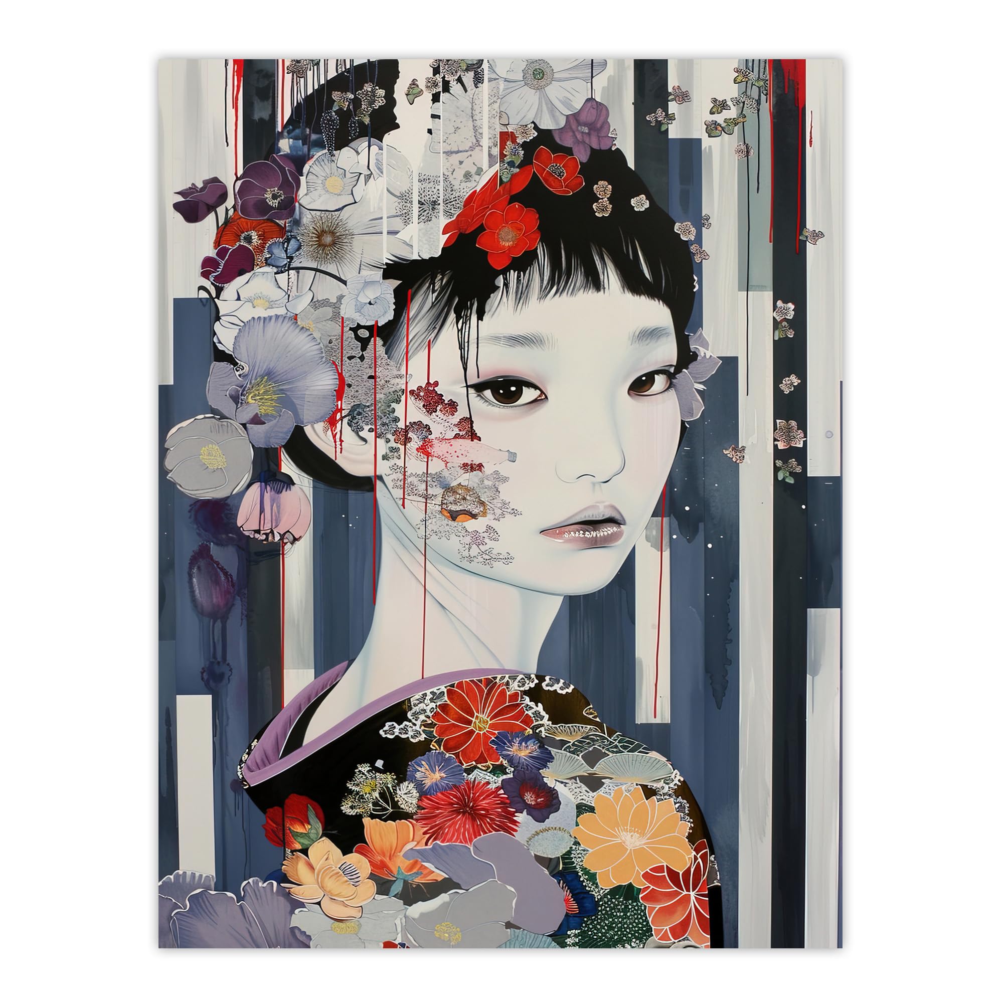 Artery8 Modern Japanese Woman Portrait in Delicate Floral Living Room Extra Large XL Wall Art Poster Print