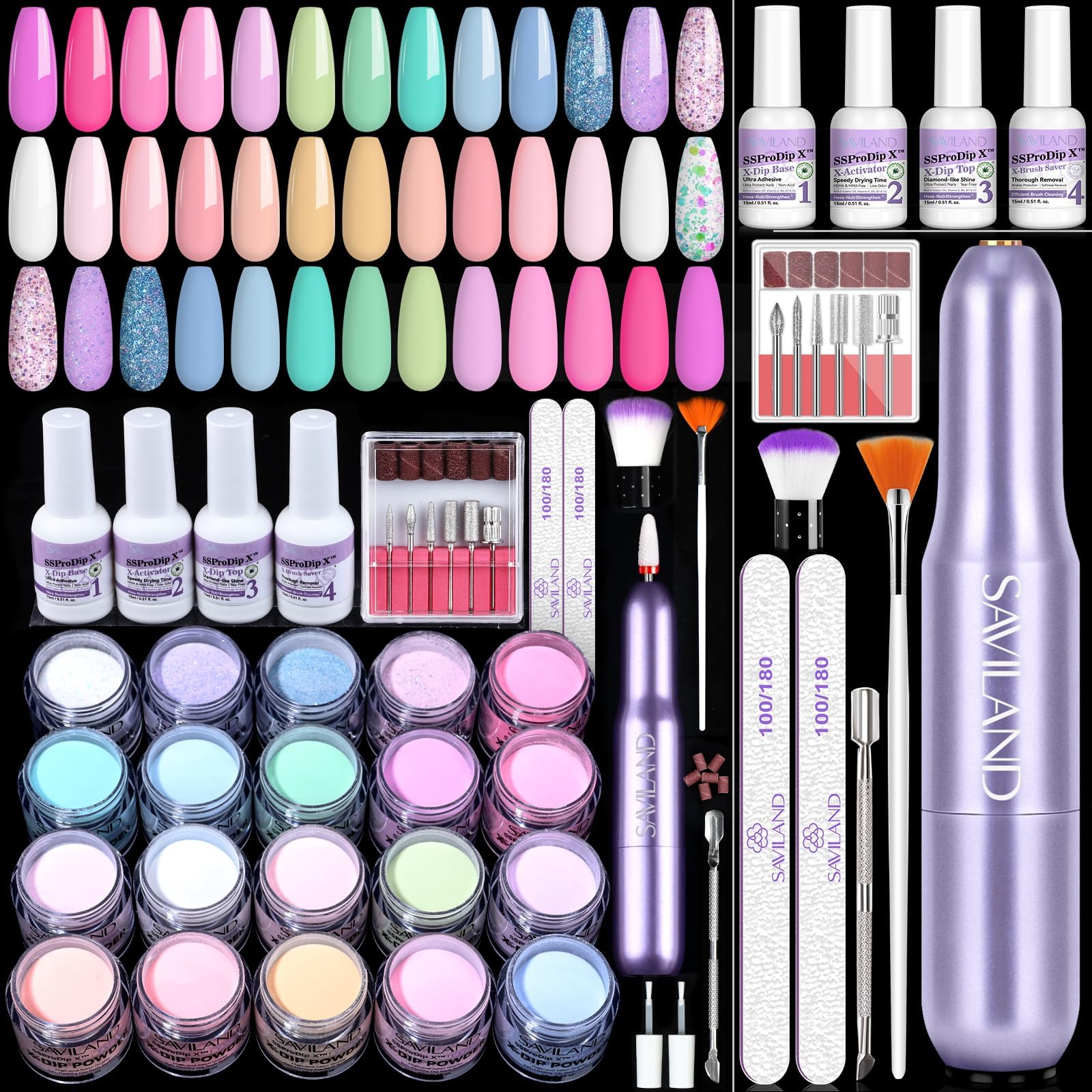 Dip Powder Nail Kit with Drill: 20 Bright Colors Keratin Acrylic Dip Powder Starter Kit with VE & Castor Oil Dip Base Activator Top for Ombre French Nail Art Summer Manicure Salon