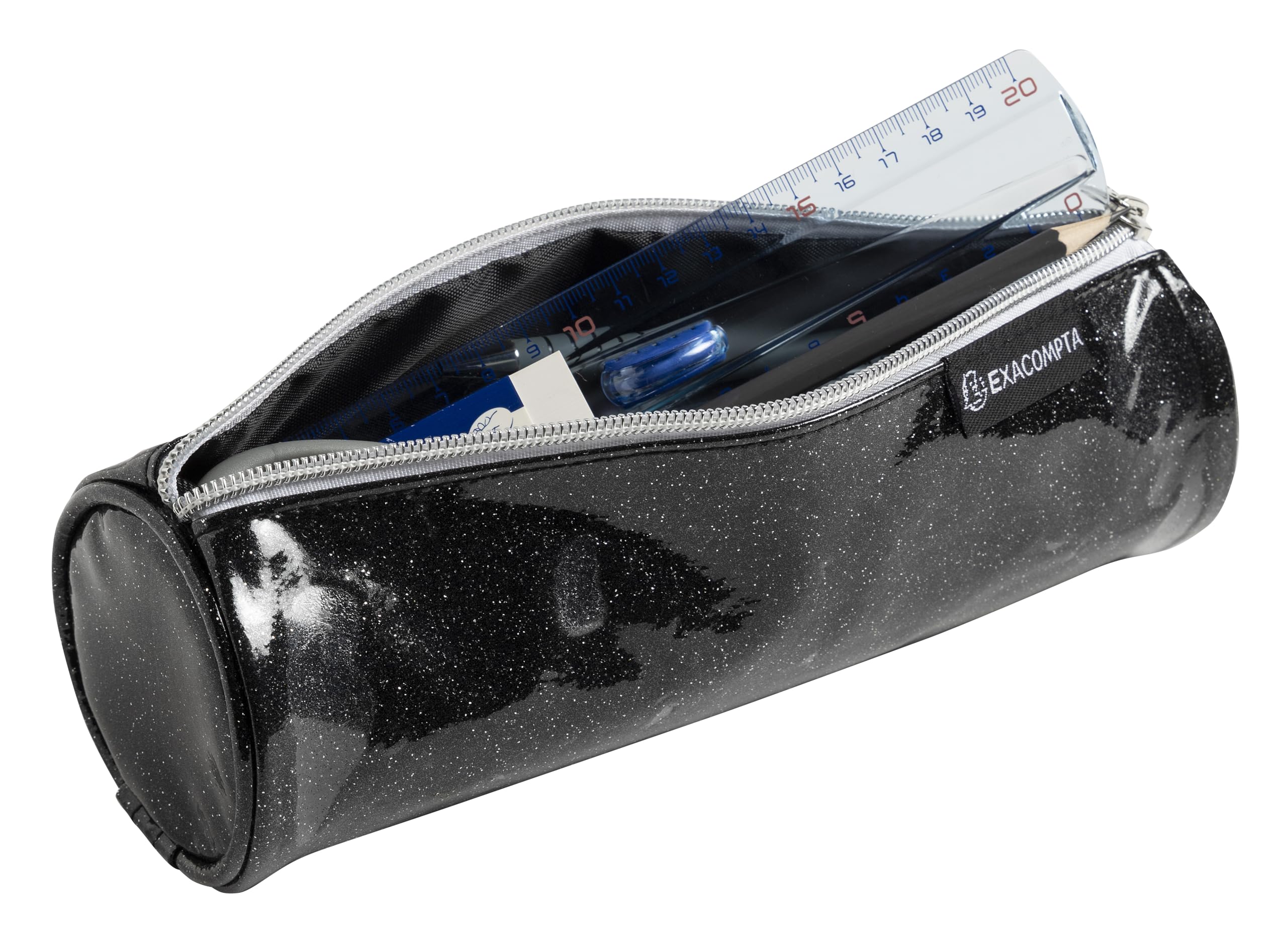 Exacompta - Réf. 52770E - Carton de 16 trousses rondes Glitter en PU simili cuir paillettes - doublée de polyester - dimensions 22,5 x 8 cm - couleurs bleu, gris, noir, nude