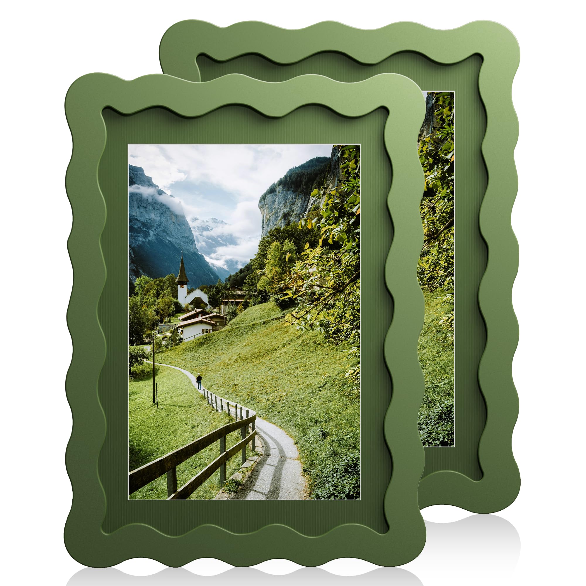 Photo 1 of Chrspk 5x7 Wavy Picture Frame With Mat For 4x6, Wavy Edge Wooden Picture Frame with Real Glass - Wall Mount and Tabletop Display, Green, 2 Pack