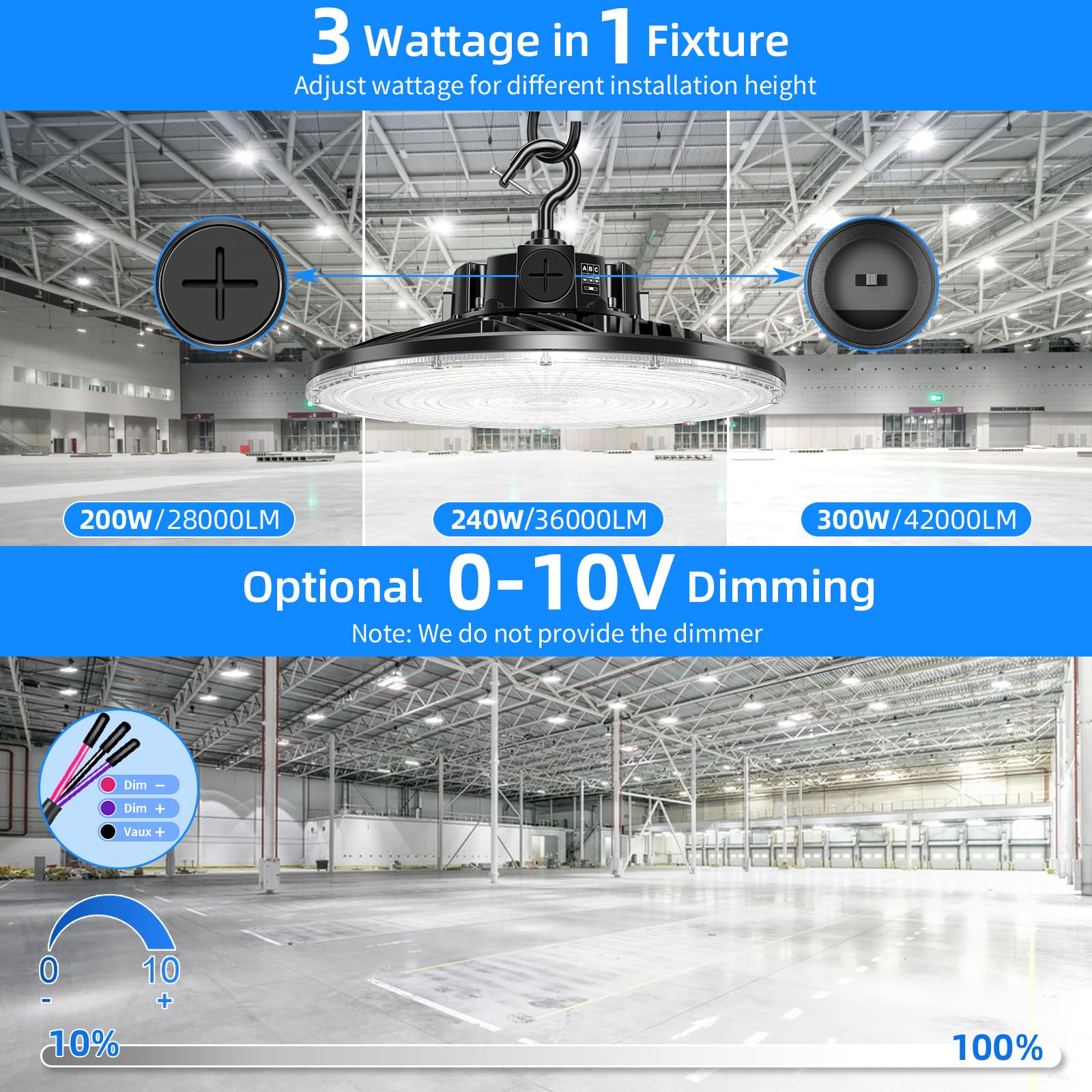 9 Pack 480V LED High Bay Light 300W 240W 200W Adjustable UFO Light 42000LM ETL Listed Dimmable High — view 3