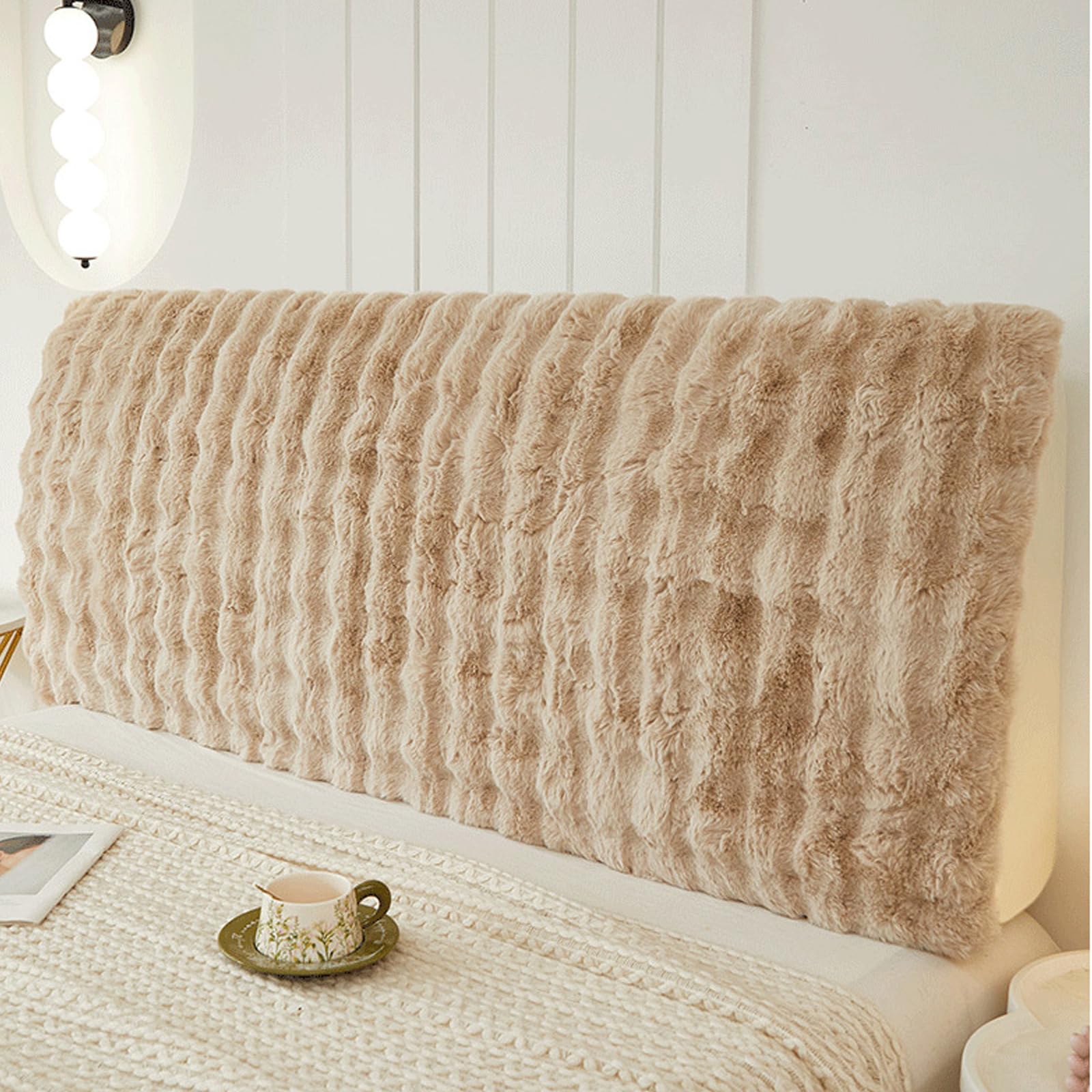 Treer Elastic Bed Headboard Cover, Solid Colours Plush Headboard Slipcover Dustproof Protector Cover, Washable Backrest Slipcover for Bedroom Decor (Khaki,180cm)