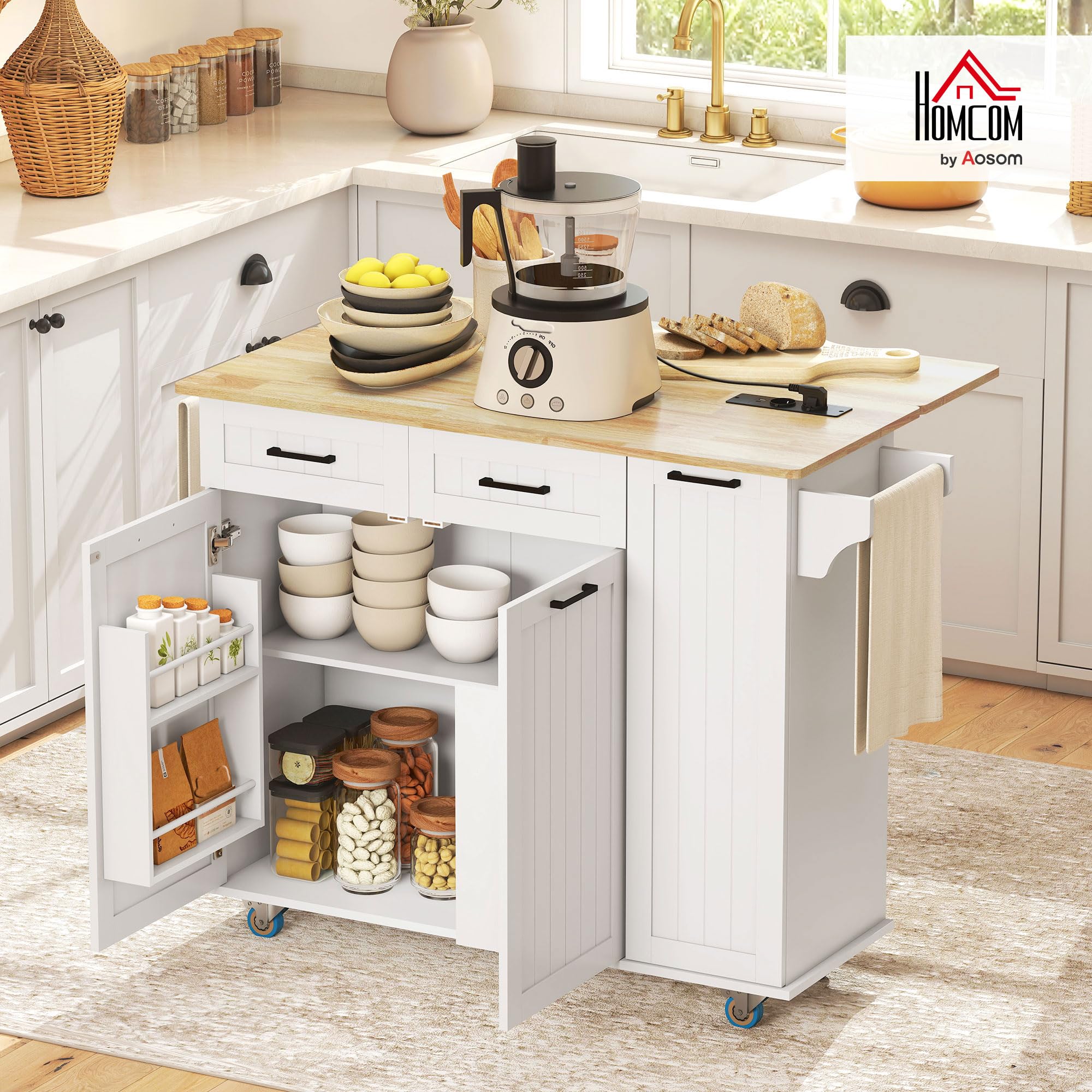 HOMCOM Isola Cucina con Ruote, Carrello Cucina con Stazione di Ricarica, Piano a Ribalta in Legno, Ripiani Regolabili, 2 Cassetti, Armadietto Estraibile, Portaspezie a Porta, Portasciugamani, Bianco