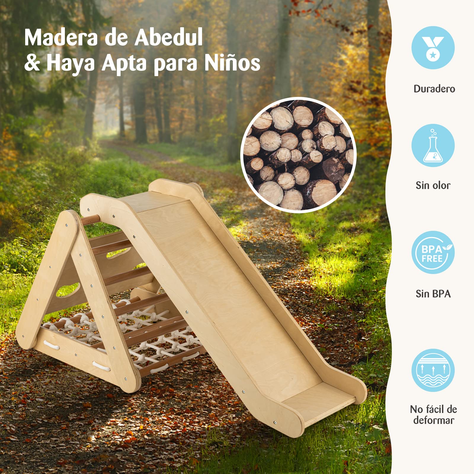 COSTWAY 4 en 1 Triángulo de Escalada para Niños, Escalador Triangular con Tablero Deslizante, Juego de Escalada de Madera para Interior con Red de Escalada para Hogar(Natural)