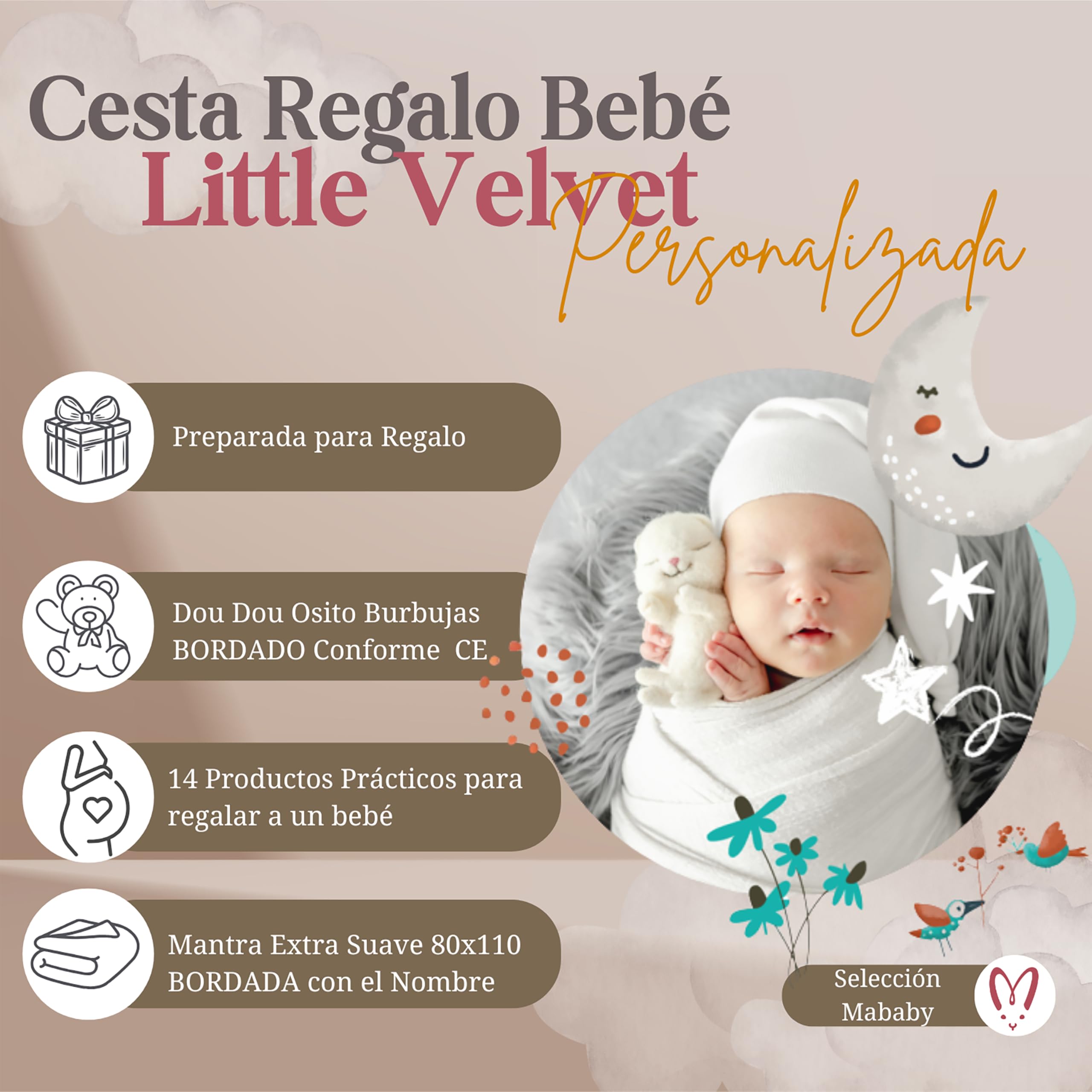 Cesta de Bebé Personalizada My Little Velvet (Maquillaje) | Cesta bebé personalizada con cosmética natural, dou dou bordado, mini pastel de pañales y marco con significado del nombre