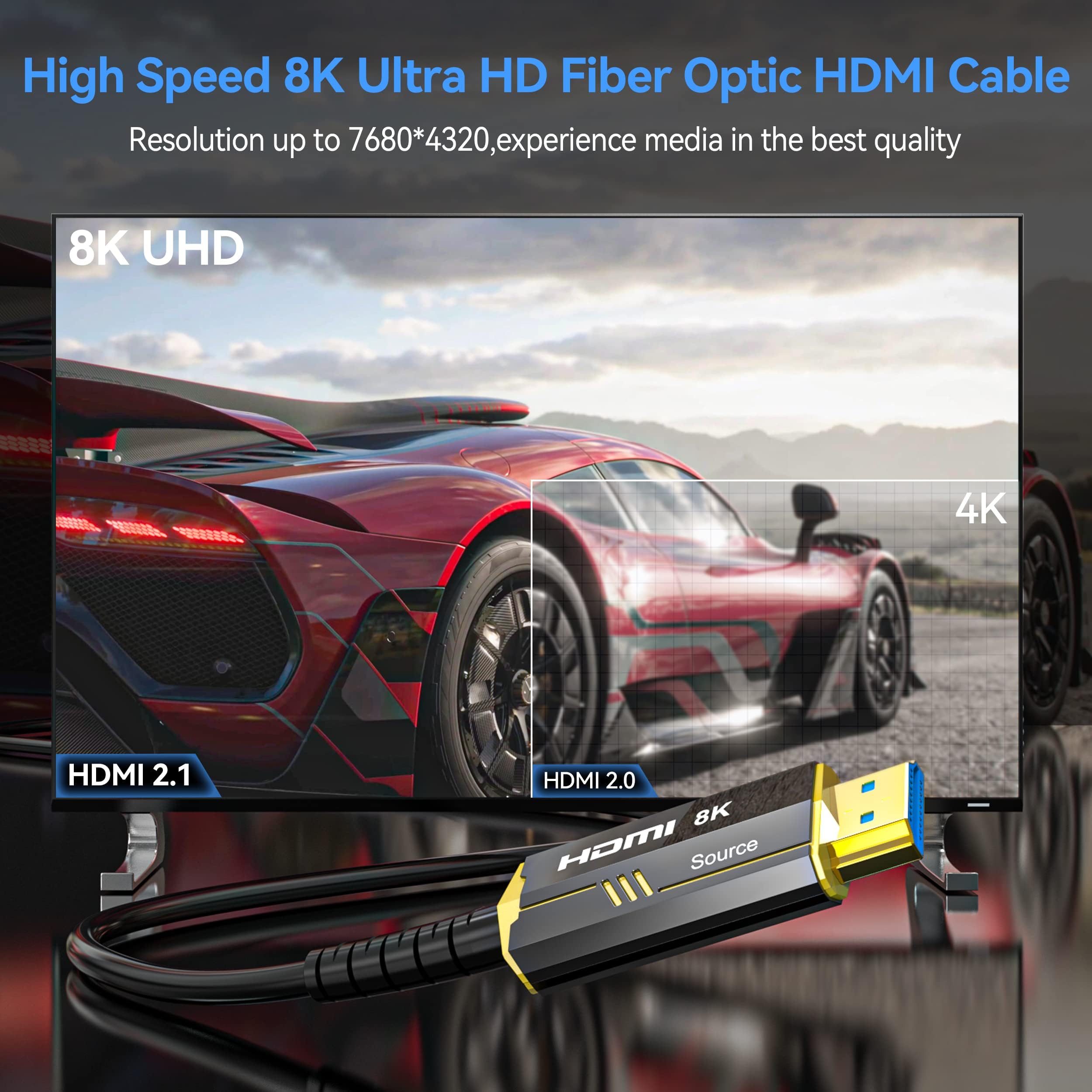 DGHUMEN Cavo HDMI Fibra Ottica 10 Metri, Cavo HDMI 2.1 8K 48Gbps Supporta 8K@60Hz 4k@120/144Hz Dynamic HDR, eARC, ARR, Dolby Atmos for PS5, PS4,PC, Proiettore, HDTV, Xbox