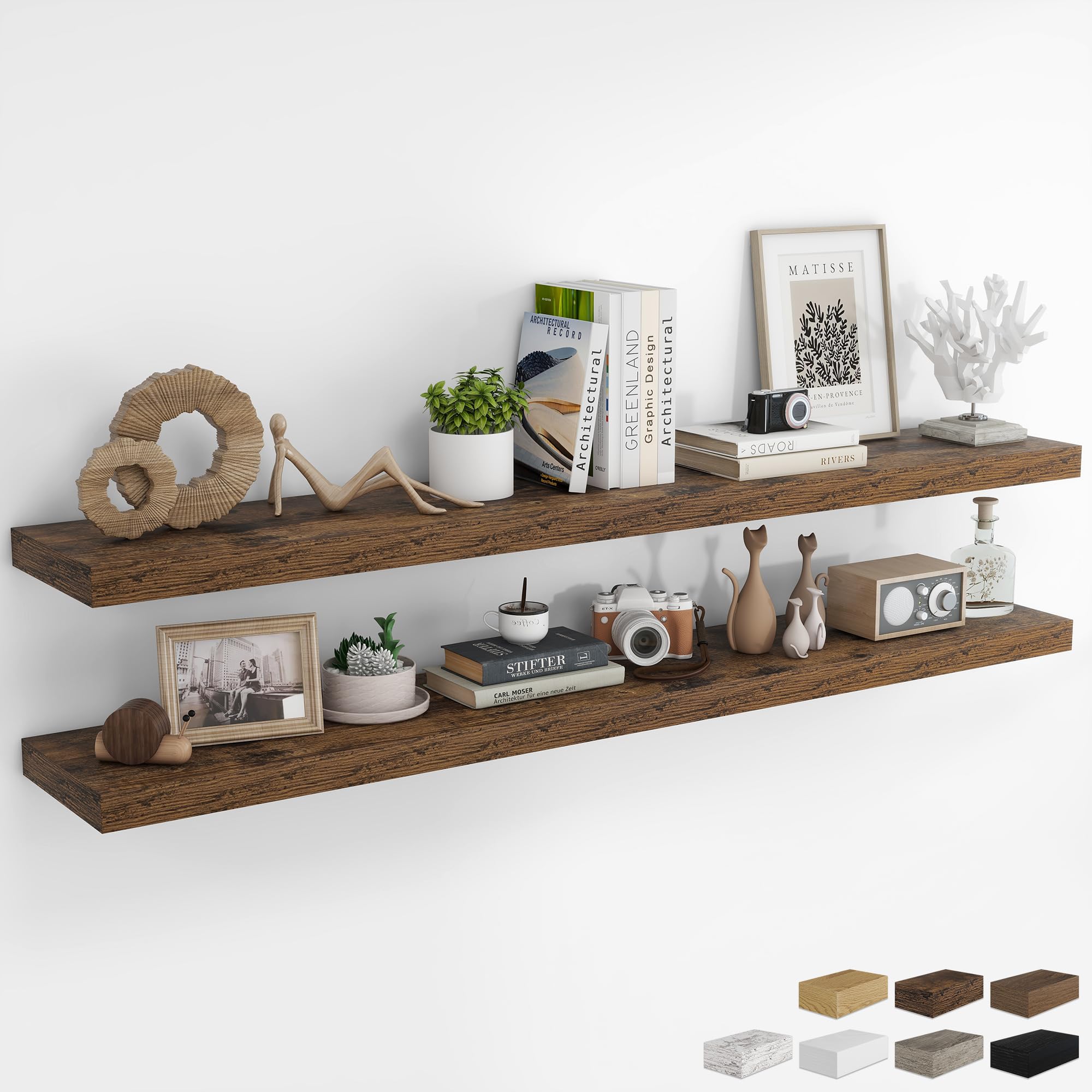 RICHFOCUS 72Inch Floating Shelves for Wall 2 Pack Shelves for Bedroom|Kitchen|Bathroom Wall Mounted Rustic Wood Floating Shelf with Invisible Brackets for Books|Storage|Decor, Rustic Brown