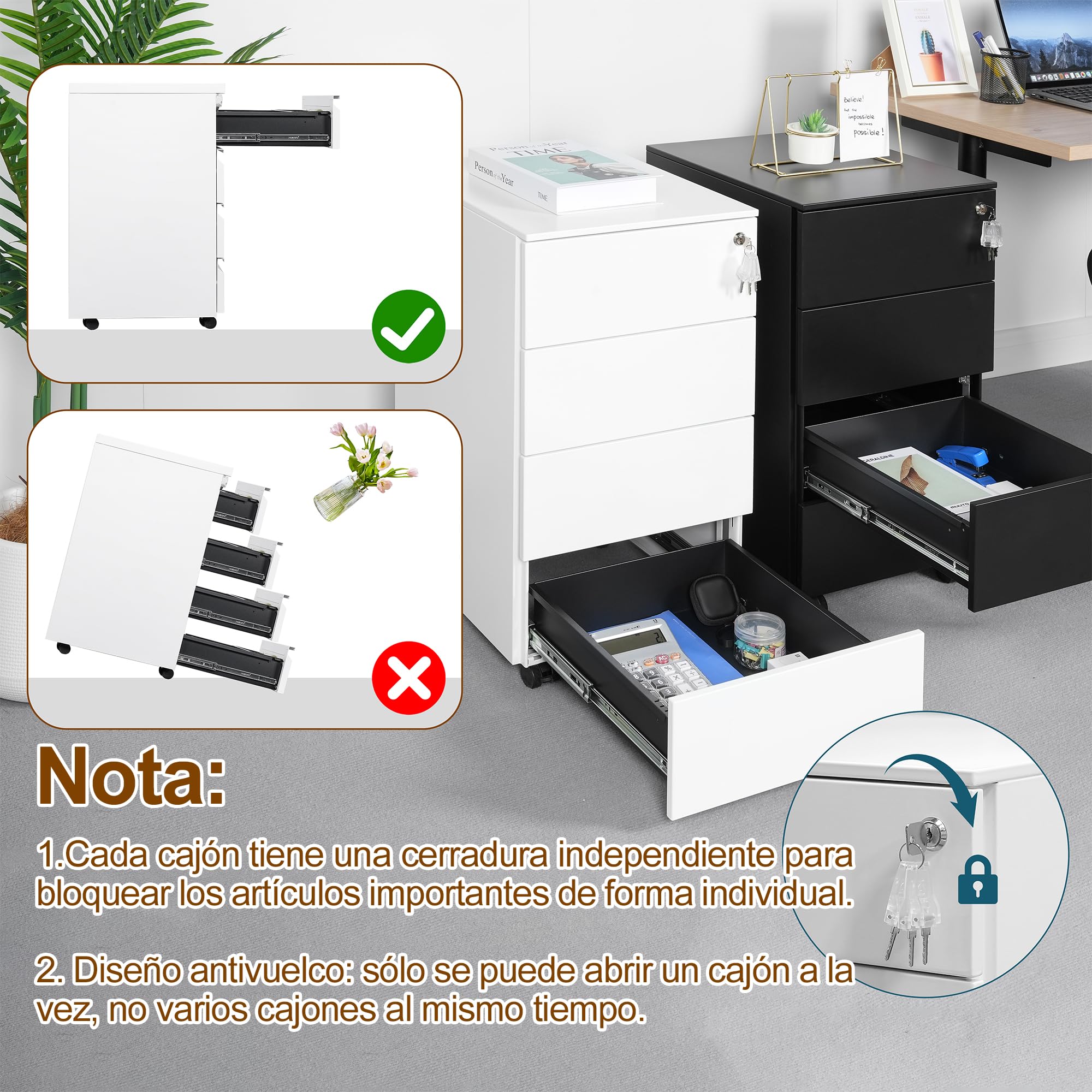 Cajonera móvil, Archivador Metálico con Cerradura, 4 Llaves, 4 Cajones, Premontado, para Oficina, Oficina en Casa, Blanco