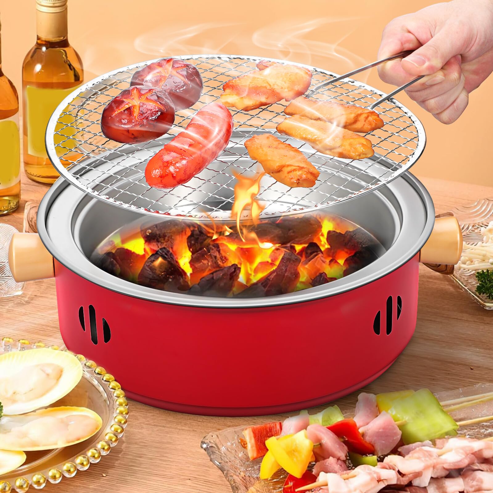 ifundom Barbecue Portatile in Ferro Stufa a Carbone da Esterno Griglia da Campeggio Smontabile 3 Griglie Fornello da Tavolo per Campeggio Giardino e Feste All’Aperto