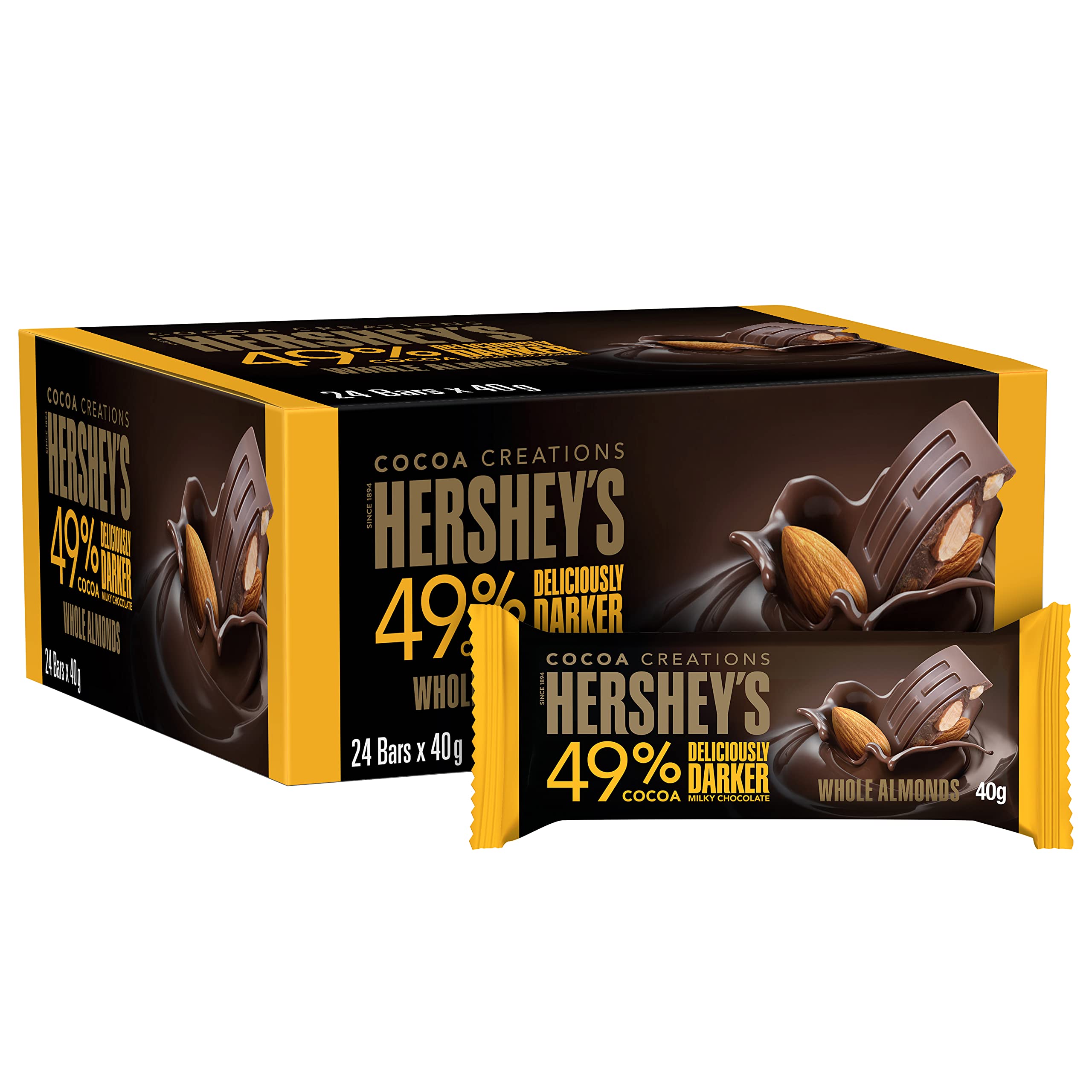 Hershey’s Cocoa Creations, Deliciously Darker Milky Chocolate with Whole Almonds, 49% Cocoa, 24x40g