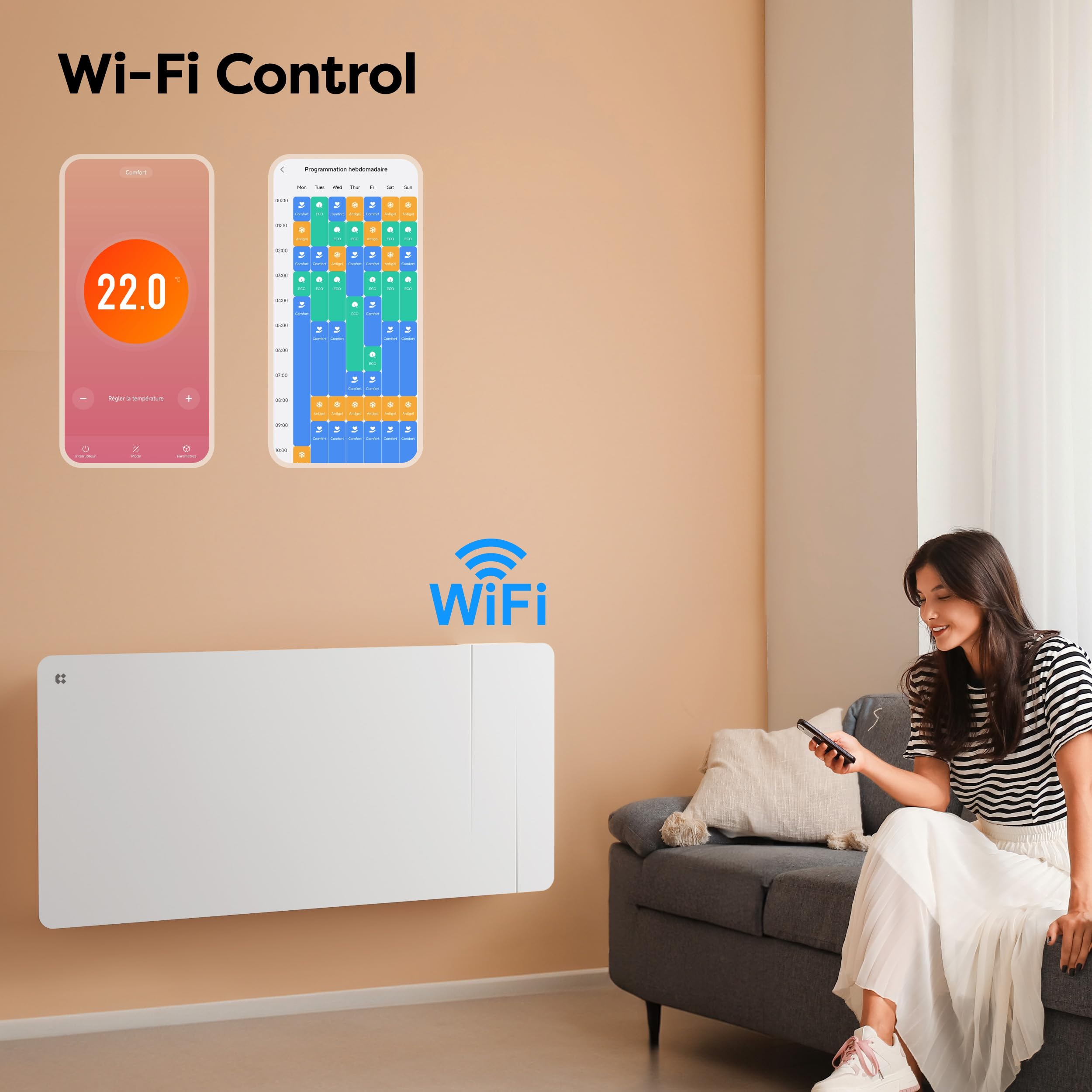 CIARRA Ceramiczny grzejnik bezwładnościowy 2000 W - folia grzewcza - ultraszybkie ogrzewanie do dużych przestrzeni - WiFi - CBHTD20A-W