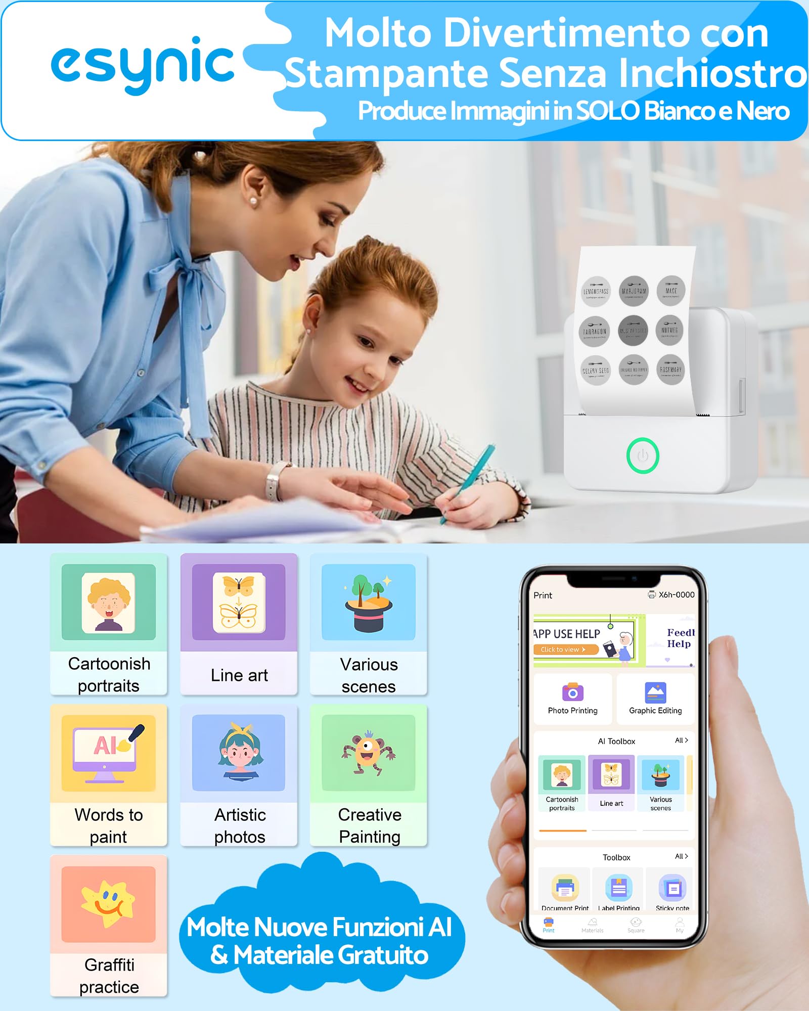 eSynic Stampante Termica Bluetooth Ricarica Type-C Android iOS Foto Bianco e Nero + Carta Termica Adesiva