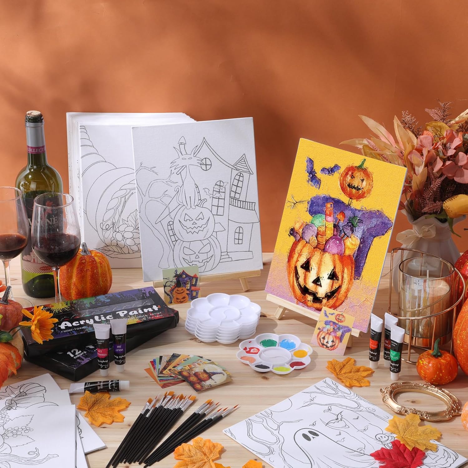 Sherr 24 Pcs Pre Drawn Canvas for Painting Adult Pre Printed Canvas Bulk Sip and Paint Kit Stretched Panels Paint Set for Theme Valentine Painting Night Party Favor(Autumn Halloween,8 x 10 Inch)