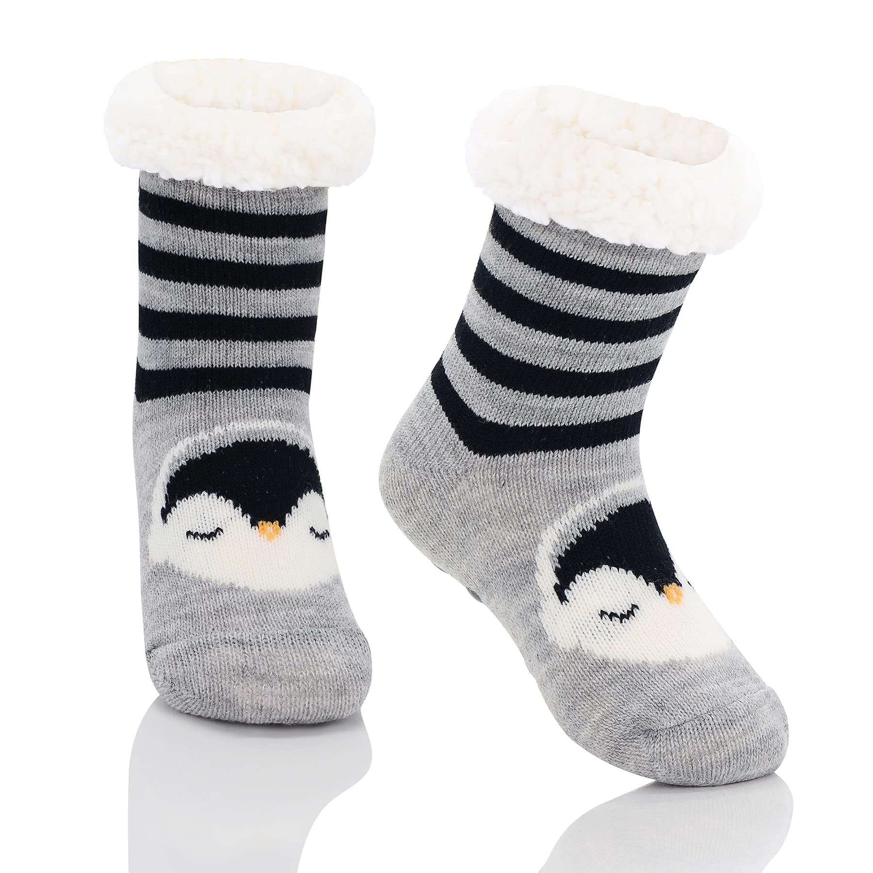 Kids Girls Boys Slipper Socks Christmas Warm Fleece Fuzzy Socks Non-Skid Children Animal Thick Grip Fluffy Socks, Black Penguin, 3-5T