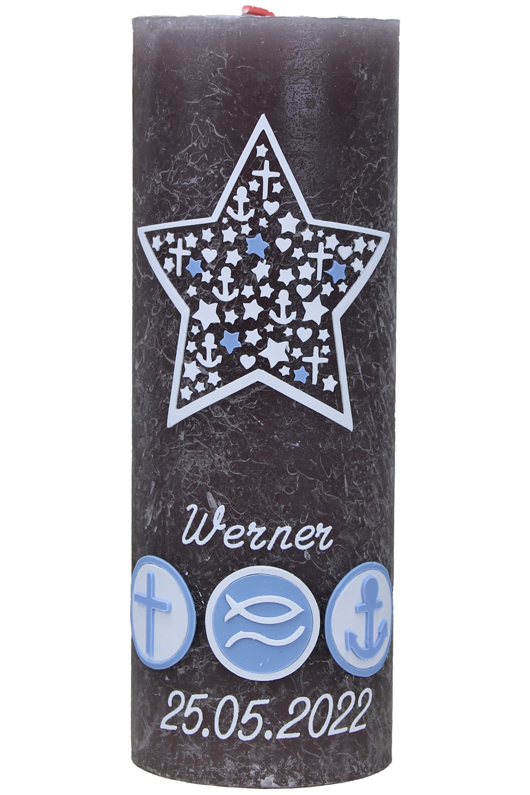 Taufkerze WERNER mit Name und Datum, individuell und handverziert 1494