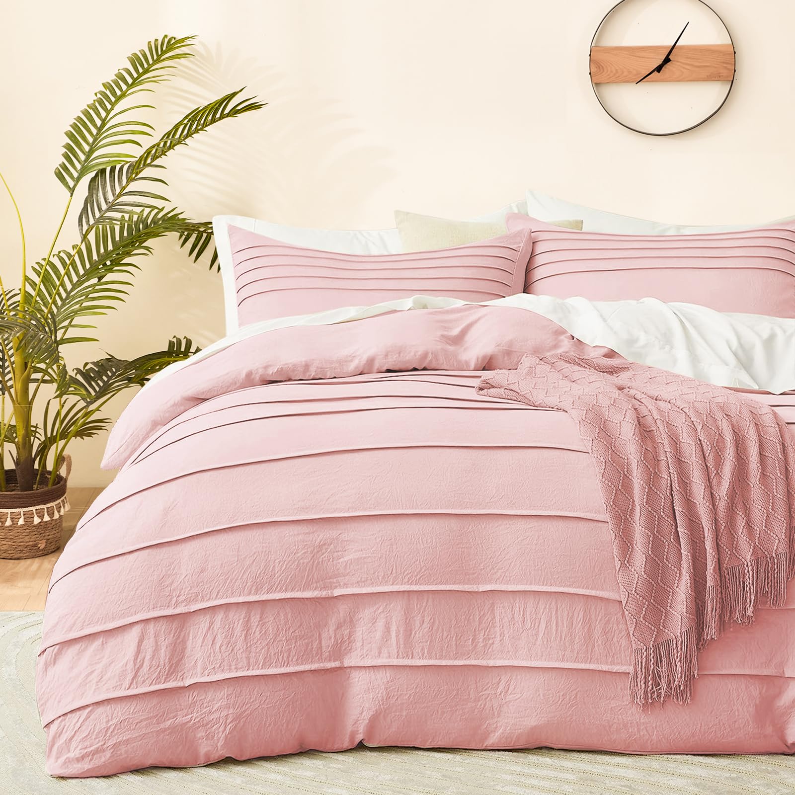 DJY Pink Duvet Cover Set King Boho Pleated Microfiber Bedding 3PCS