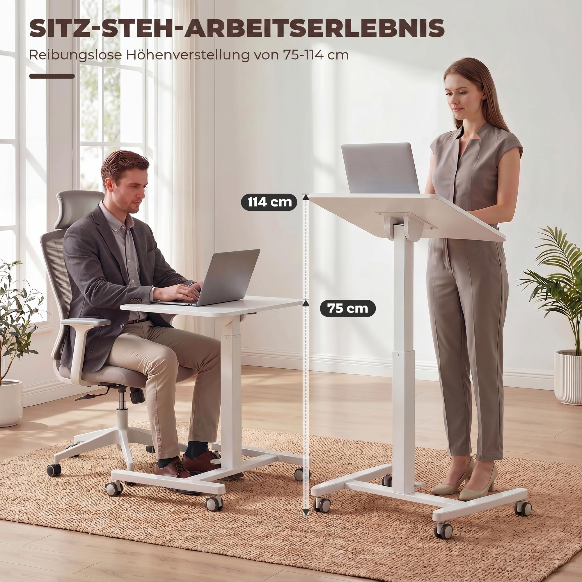 HOMCOM Laptoptisch Höhenverstellbar mit Rollen 60x52cm Tischplatte Weiß | Bestelltisch, Schreibtisch, Neigbarer, Computertisch mit Sicherheitsstopper, Mobiler Stehpult Pneumatisch, für Büro, Sofa