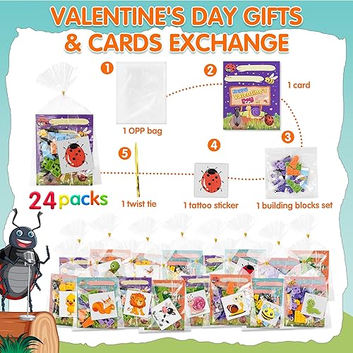 Miniatura 4 de U-Goforst Paquete de 24 regalos para el día de San Valentín para niños, bloques de insectos, kits de construcción de juguetes con tarjetas de San