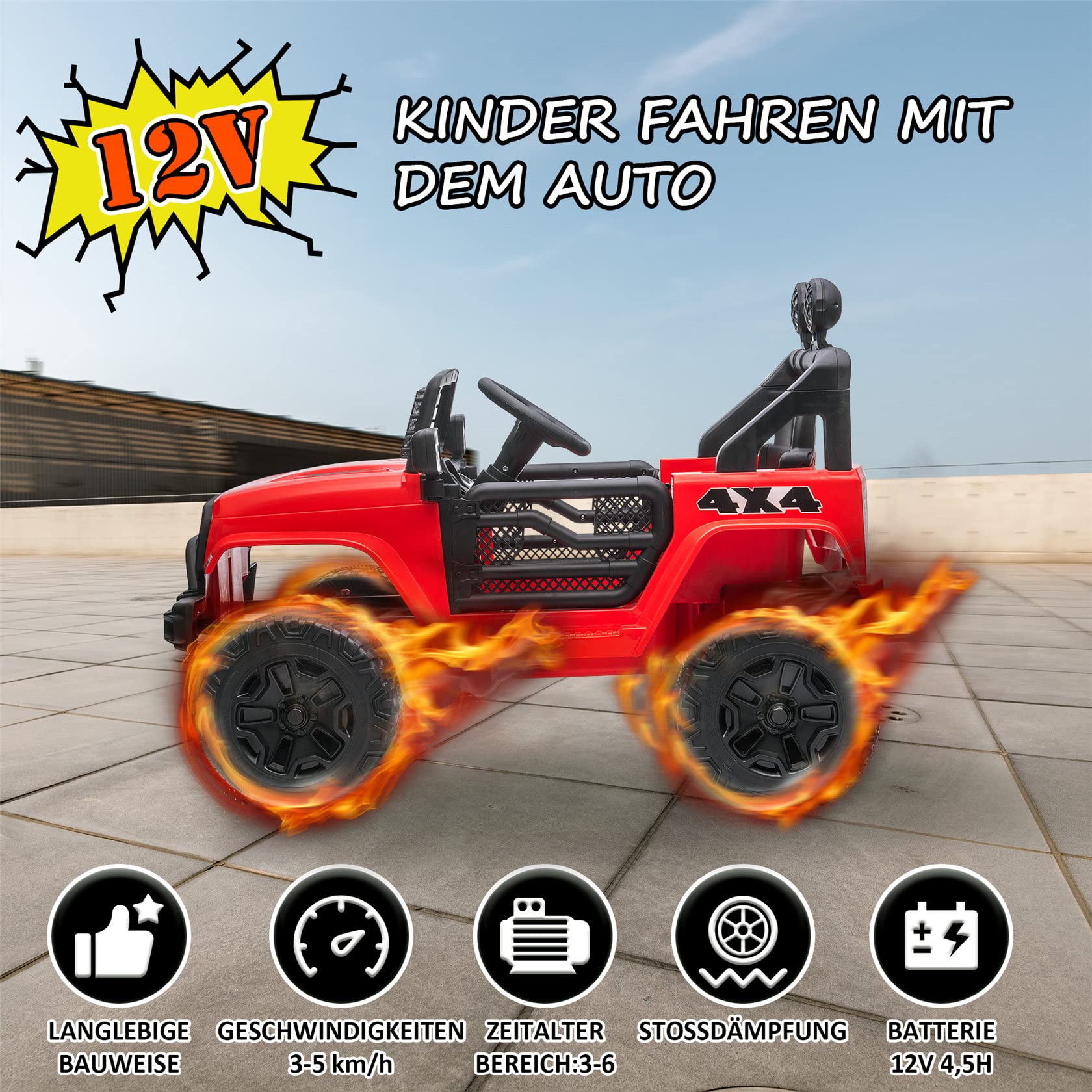 Auto Elettrica per Bambini, Camion A 2 Posti, con Telecomando 2.4g, Auto Elettrica A 2 velocità con Avviamento Graduale con Clacson, Luce Anteriore. 3-5 Km/H, per Bambini da 37 A 95 Mesi,Red