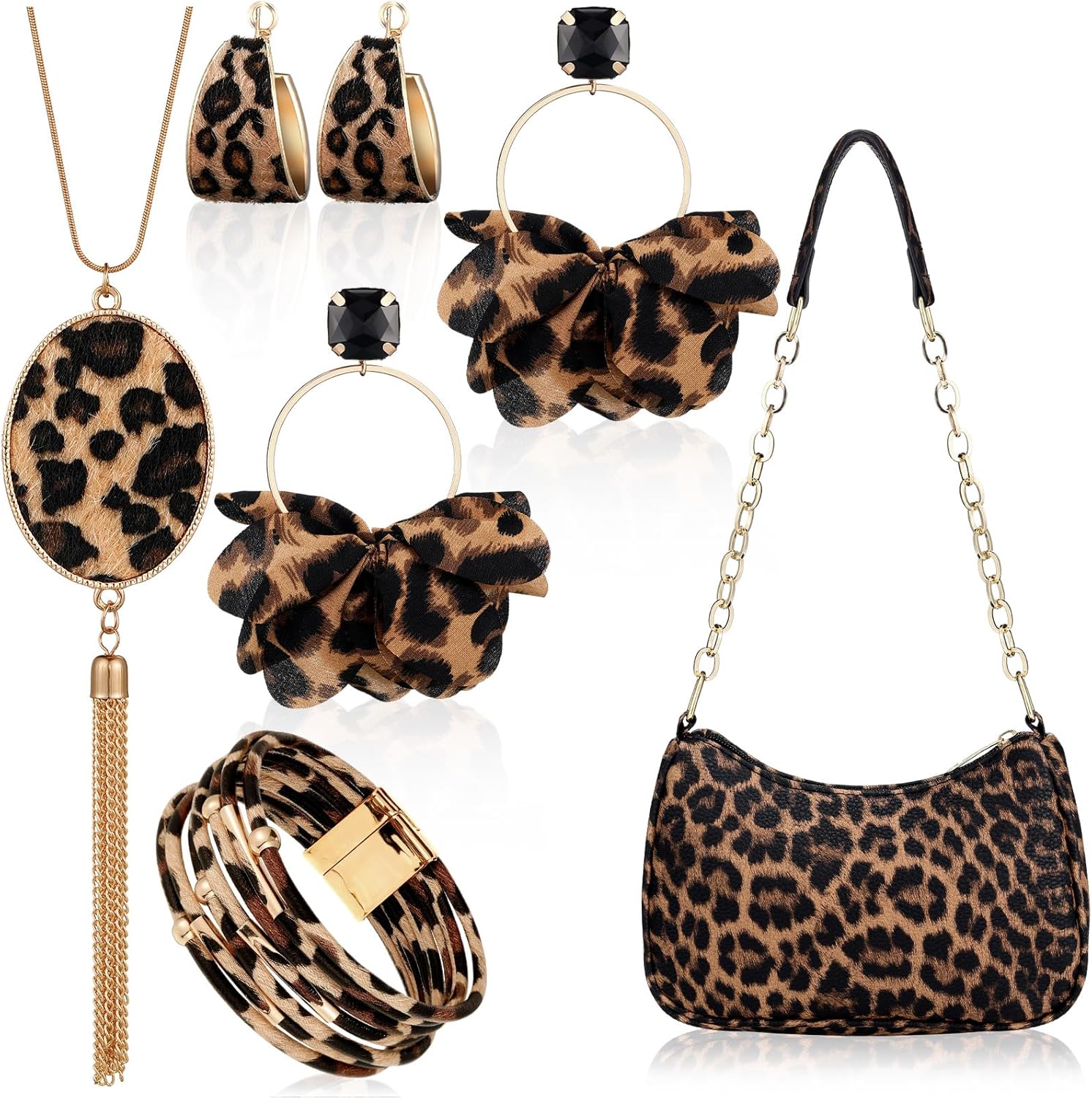 Sotiff 5 Pcs Leopard Accessories for Women Purse Jewelry Set Necklaces Clutch Earring Wrap Bracelets Long Tassel Pendant
