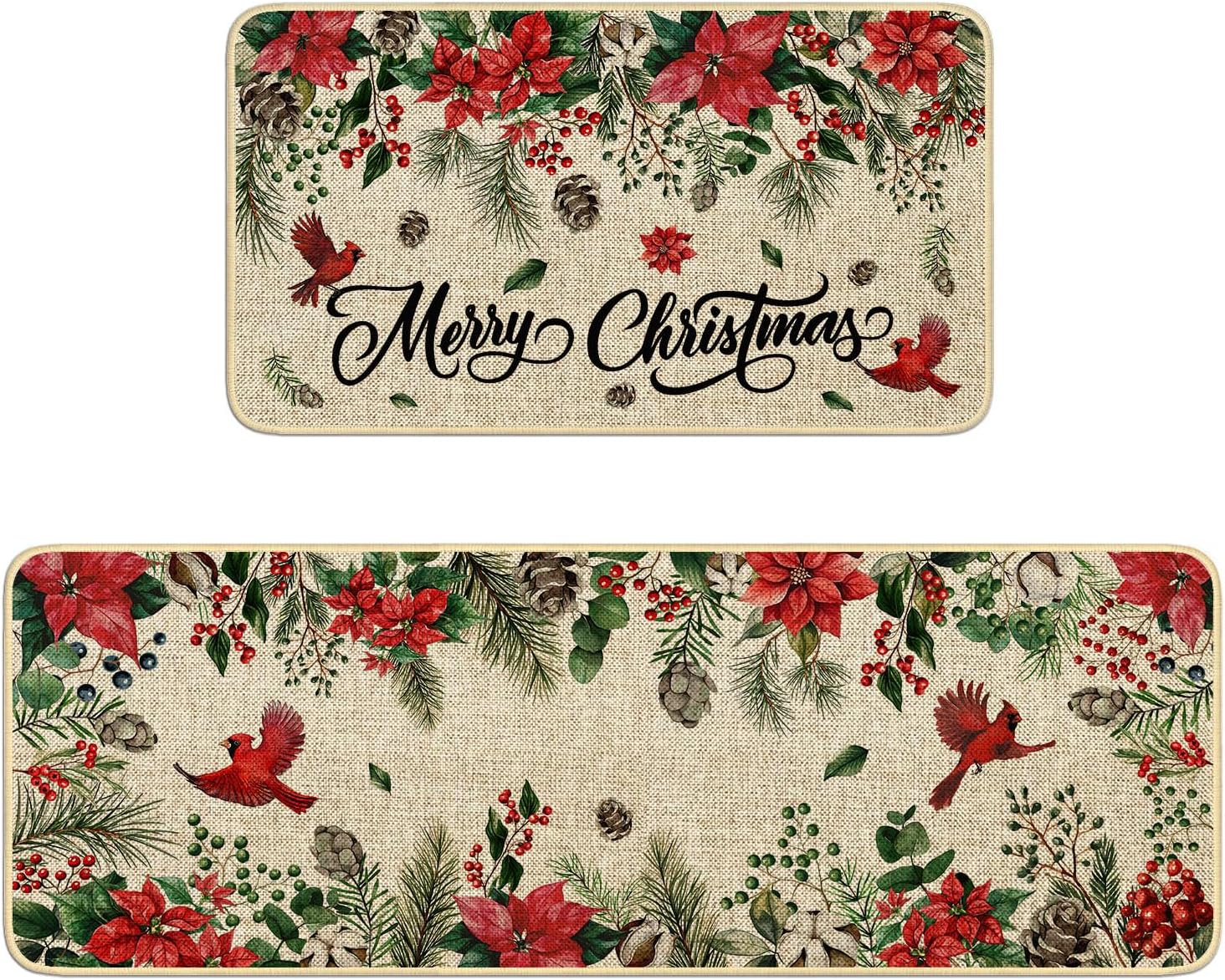 Poinsettia Christmas Kitchen Rugs Set of 2,Xmas Holly Hummingbird Kitchen Mats for Floor,Christmas Floral Non Slip Sink Laundry Rug Kitchen Home Decor Doormat+Runner Rug