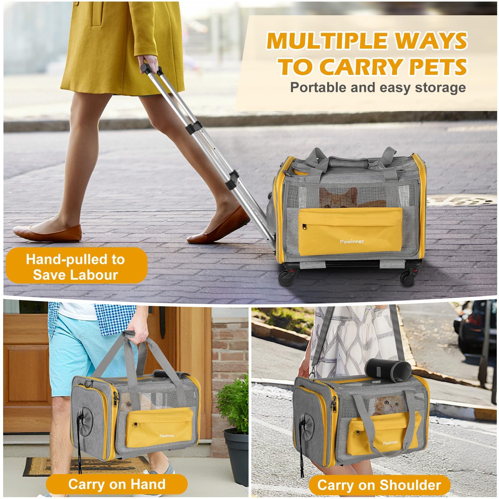 Pawinner Pet Carrier with Wheels, 17.7" x 13" x 13" Airline Approved Cat Carrier, Newly Designed Rolling Travel Bag with Telescopic Handle, for Small Dogs and All-Breed Cats - image 7