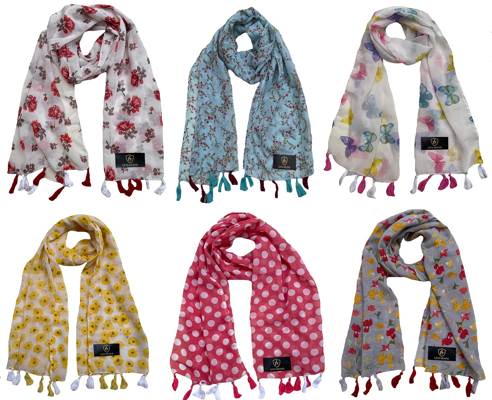 letz dezine � Women's Printed Chiffon Multicolored Scarf and Stoles with Tassels - Set of 6 (LDS10239-picture-27
