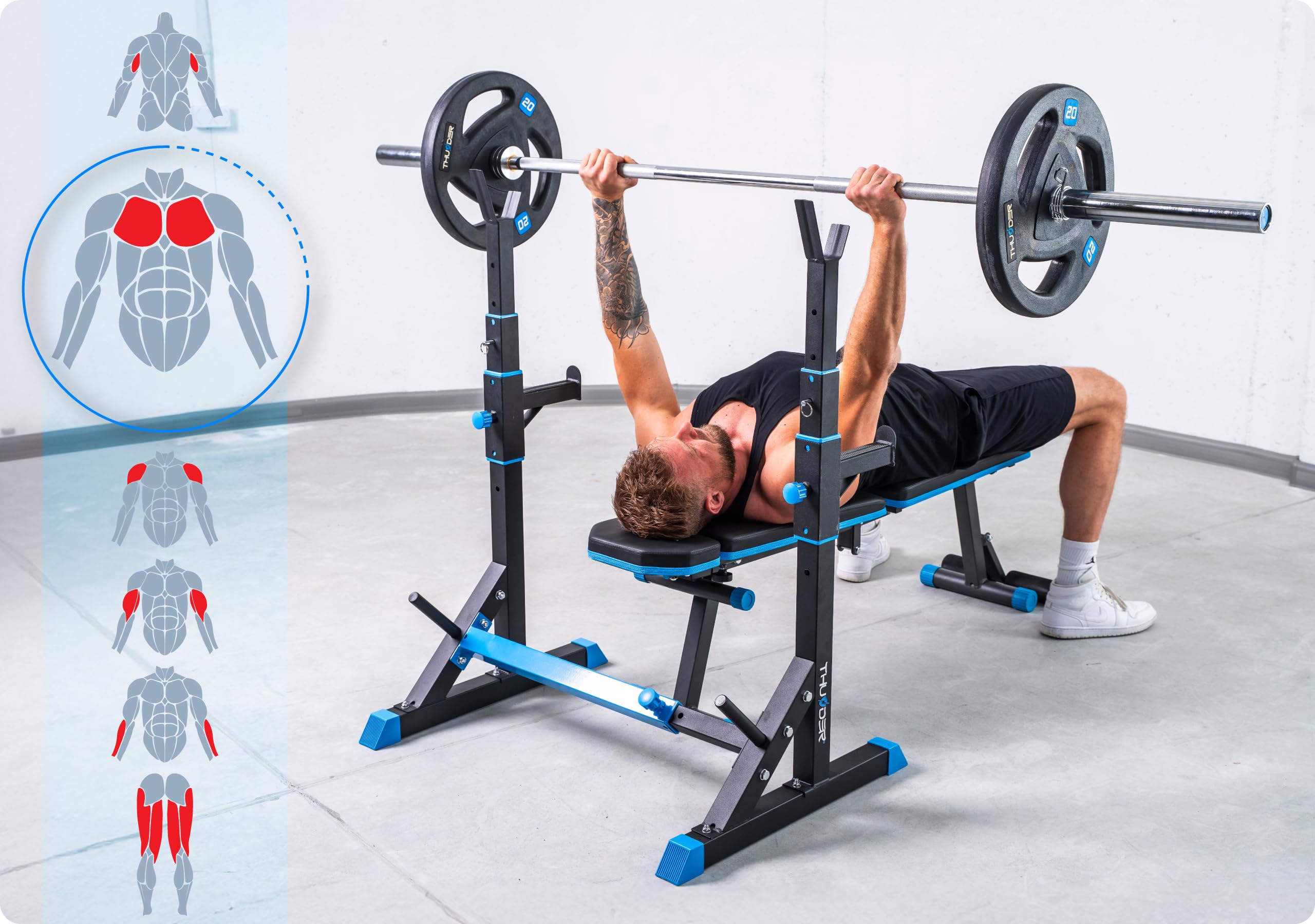 Soporte pesas THUNDER ajustable, con seguros, acero 200 kg, para press banca, sentadillas y fuerza.